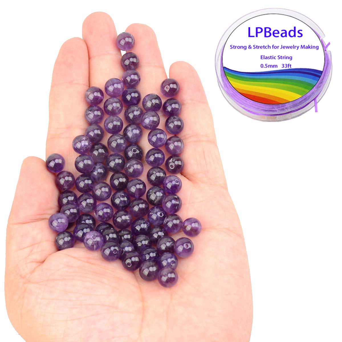 LPBeads 100PCS 8mm Natural Amethyst Beads Gemstone Round Loose Beads for Jewelry Making with Purple Stretch Cord