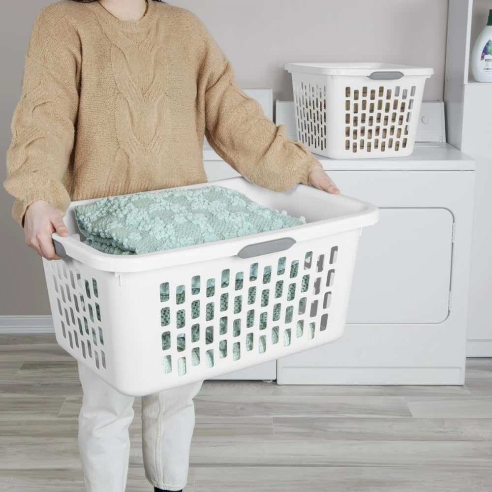 SIT MART 2 Bushel Large Plastic Laundry Basket with 4 Comfort Grip Handles, White - Durable, Lightweight, Spacious Laundry Storage for Home, Dorm, and Apartments