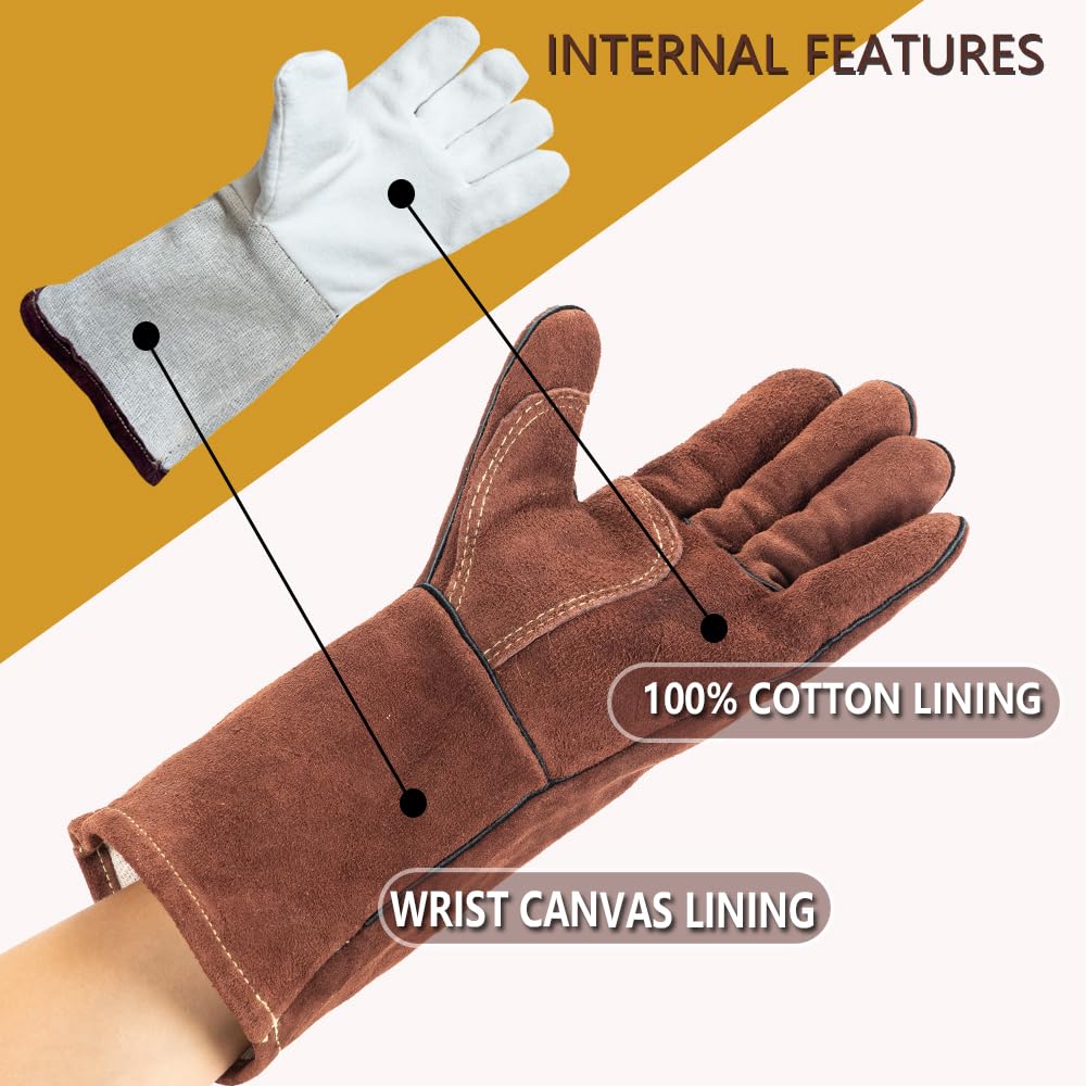 LAIKEANDUN Fireproof Gloves for Fireplace & Fire Pit, Welding Gloves for Men & Women - 14 Inch Heat Resistant Leather Work Gloves (662℉) for MIG/TIG, BBQ, Camping - Premium Cowhide, Durable