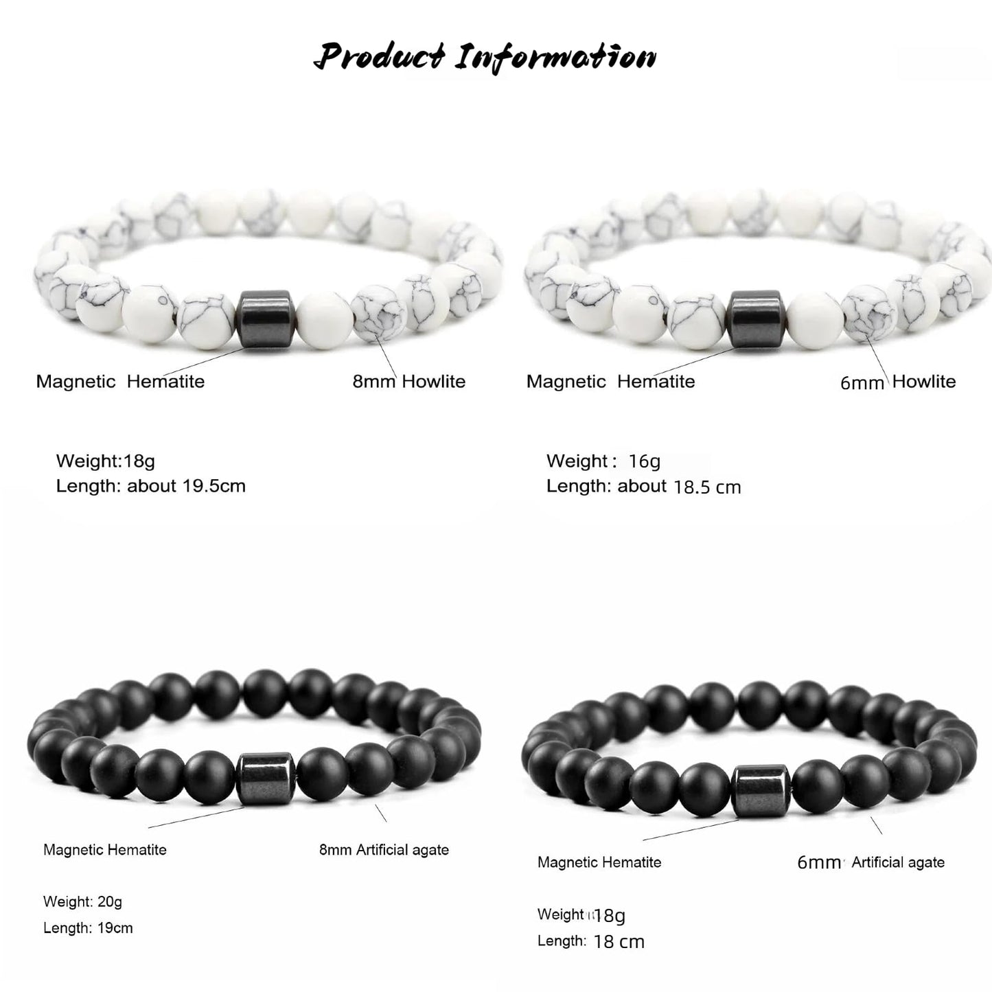 Liiusgelad Mens Beaded Bracelets 4-Pack, 8mm & 6mm Black and White Stone Bracelet Set, Hematite Obsidian Tiger Eye Crystal Mala Bead Bracelet for Men, Pulseras para Hombres, Mens Jewelry Accessories