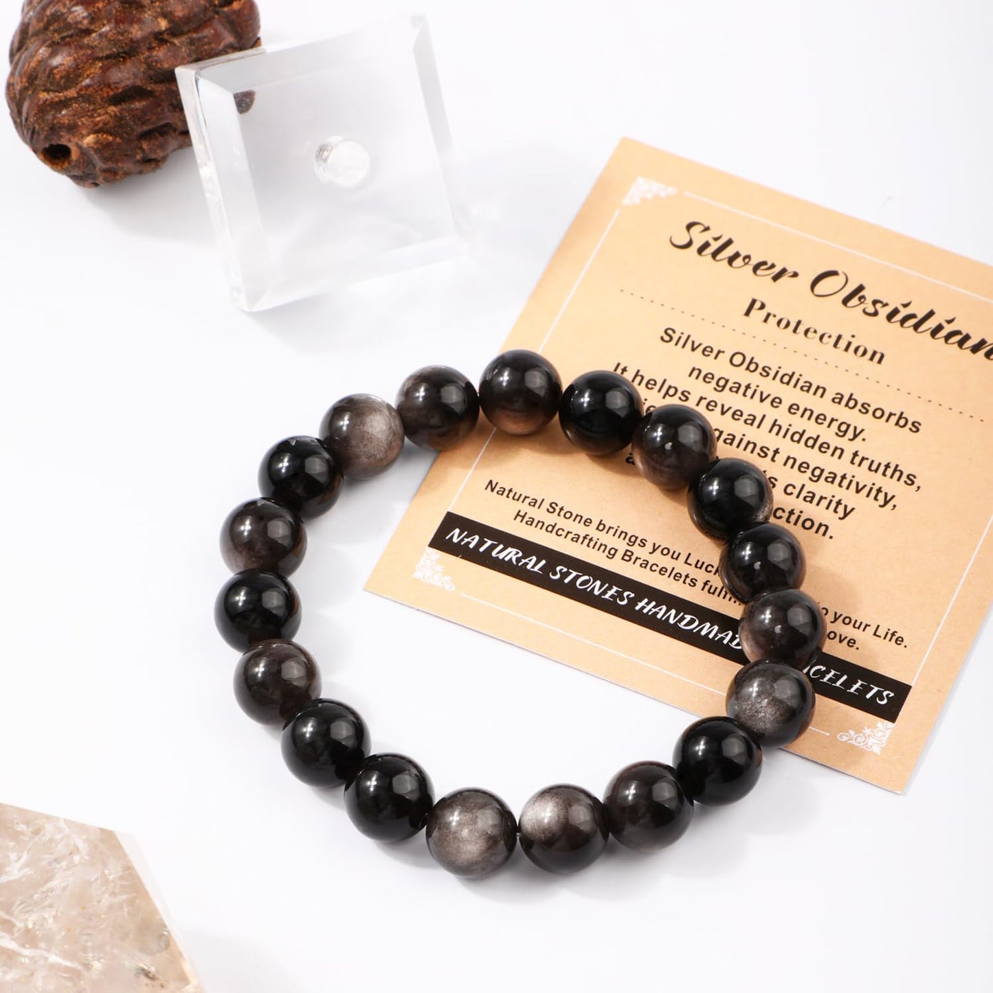 AD Beads 4mm Handmade Silver Obsidian Elastic Bracelet – Natural Gemstone for Protection – Meditation, Yoga, Healing and Energy Gift for Men Women
