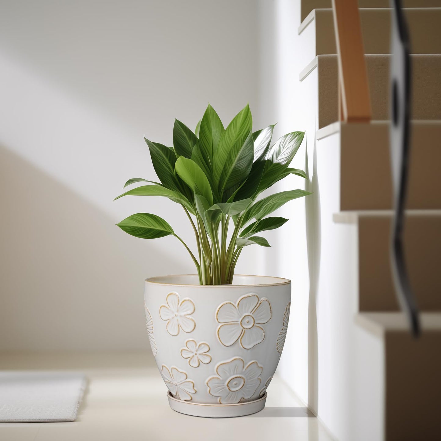 MPotTo 10 Inch Ceramic Planter Pot Large Plant Pot for Indoor Plants Outdoor Round Flower Pot with Drainage Hole and Saucer for Home Garden Decor White
