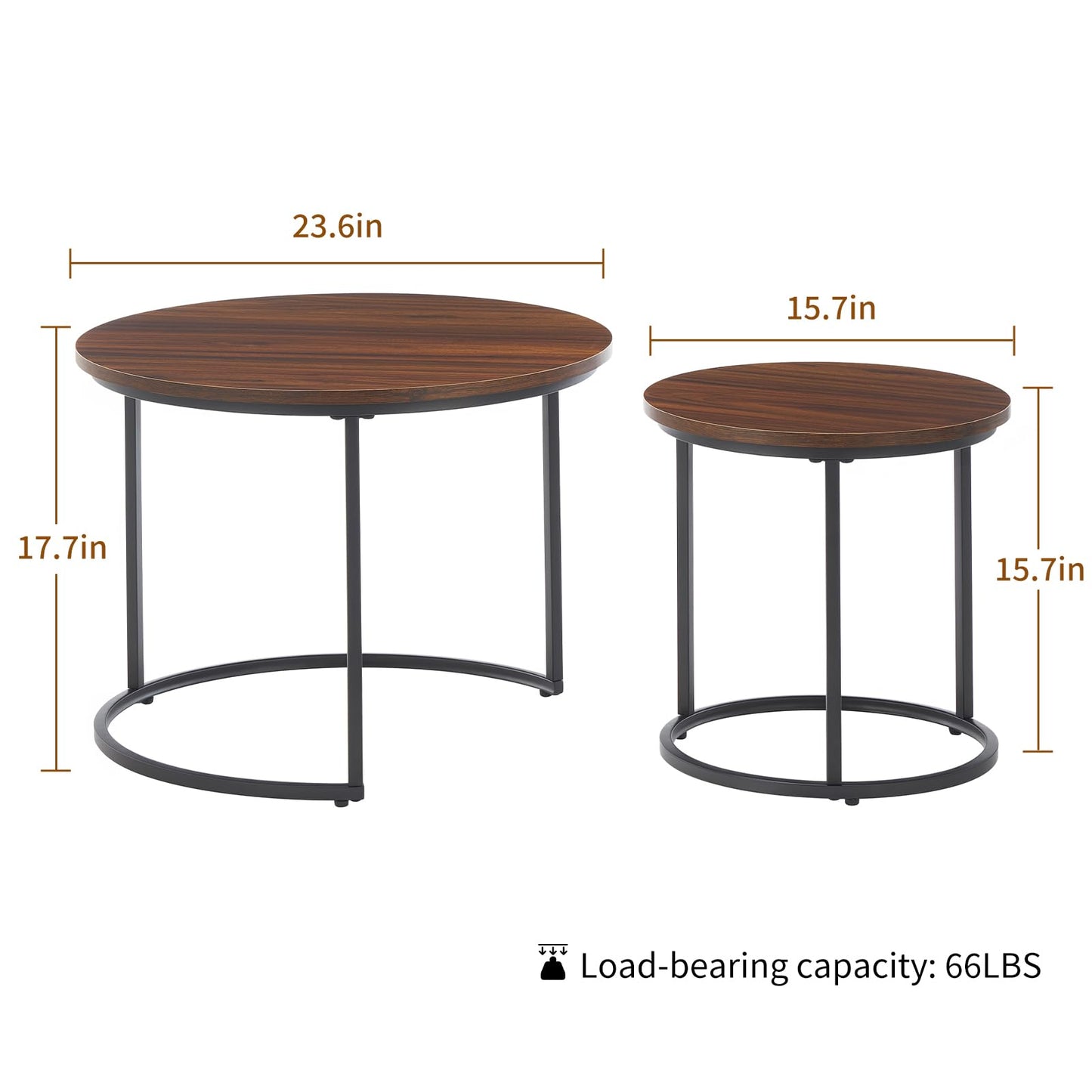 Round Nesting Coffee Table Set of 2, Modern Marble Pattern Wooden Nesting Tables, Stacking Minimalist End Table for Living Room Bedroom Small Space, Wood Brown and Black