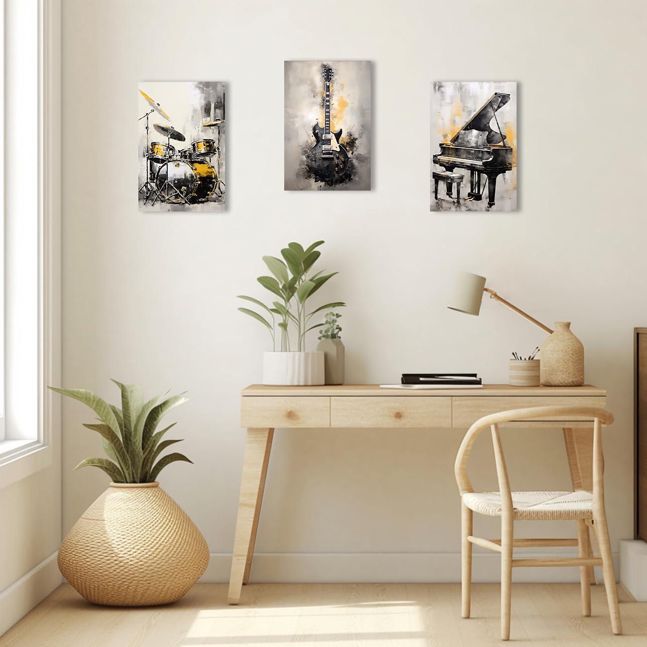 QIXIANG Music Canvas Wall Art for Music Lover Gift 3 PCS Black and Gold Guitar Piano and Drum Set Picture Prints for Music Studio Home Decor Framed (A, 11.00" x 14.00" x3Pcs)