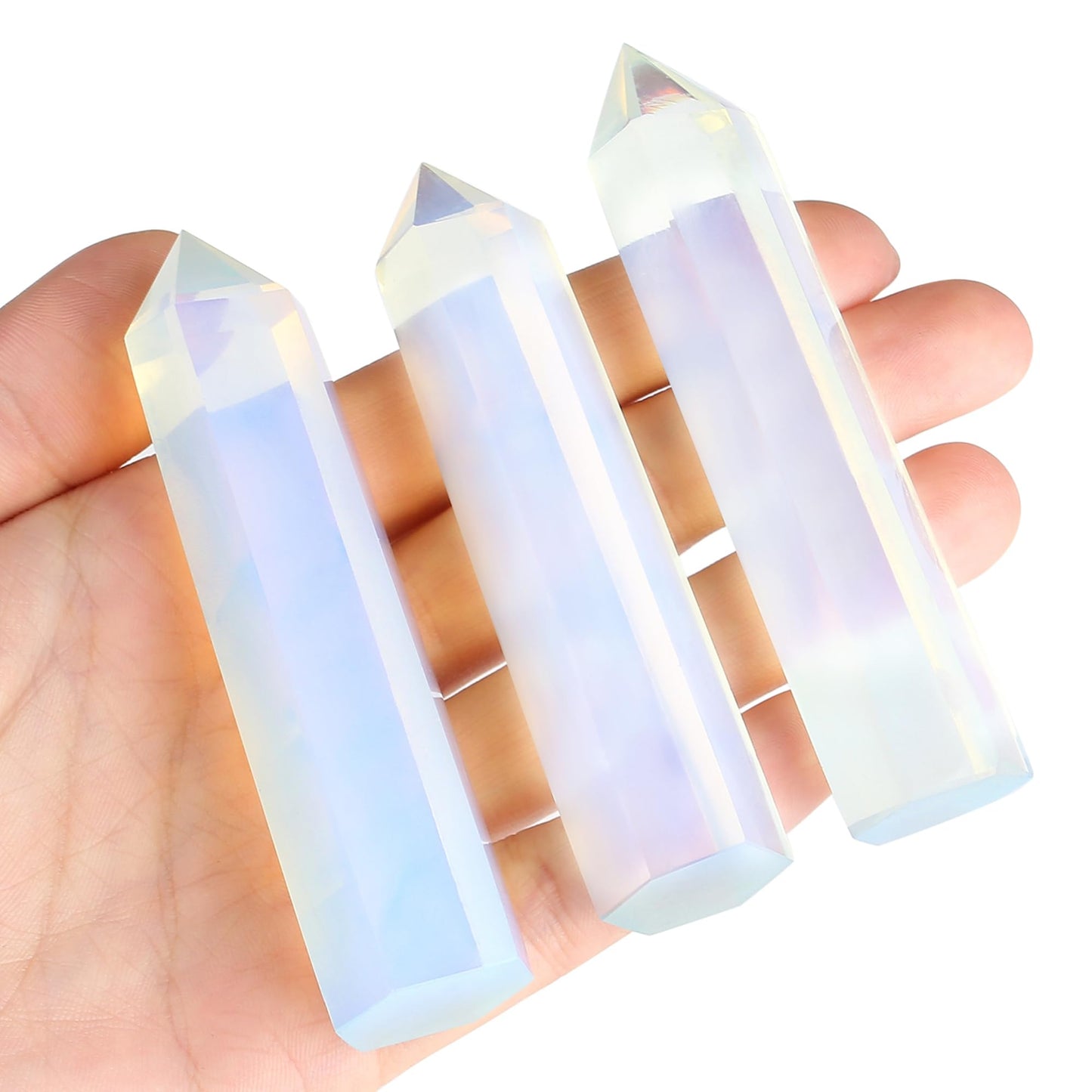 ZHIYUXI 3.7-4" Opalite Gem Opal Stone Moonstone Crystal Wand Hexagonal Pointed Healing Crystals Tower Stone 1 Pc Large Crystals Gemstones Reiki Energy Balancing Meditation Therapy Decoration Gifts