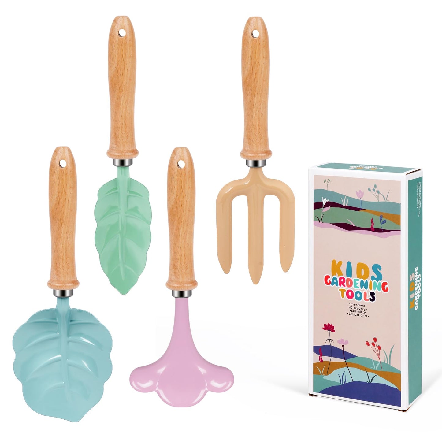 RayYunTustone Kids Gardening Tools Set - 4pcs, Outdoor Yard Digging Tools with Shovel Rake Leaf Rake, Summer Beach Backyard Play Kit, Ideal Outdoor Birthday Gift for Boys & Girls 2 3+ Years