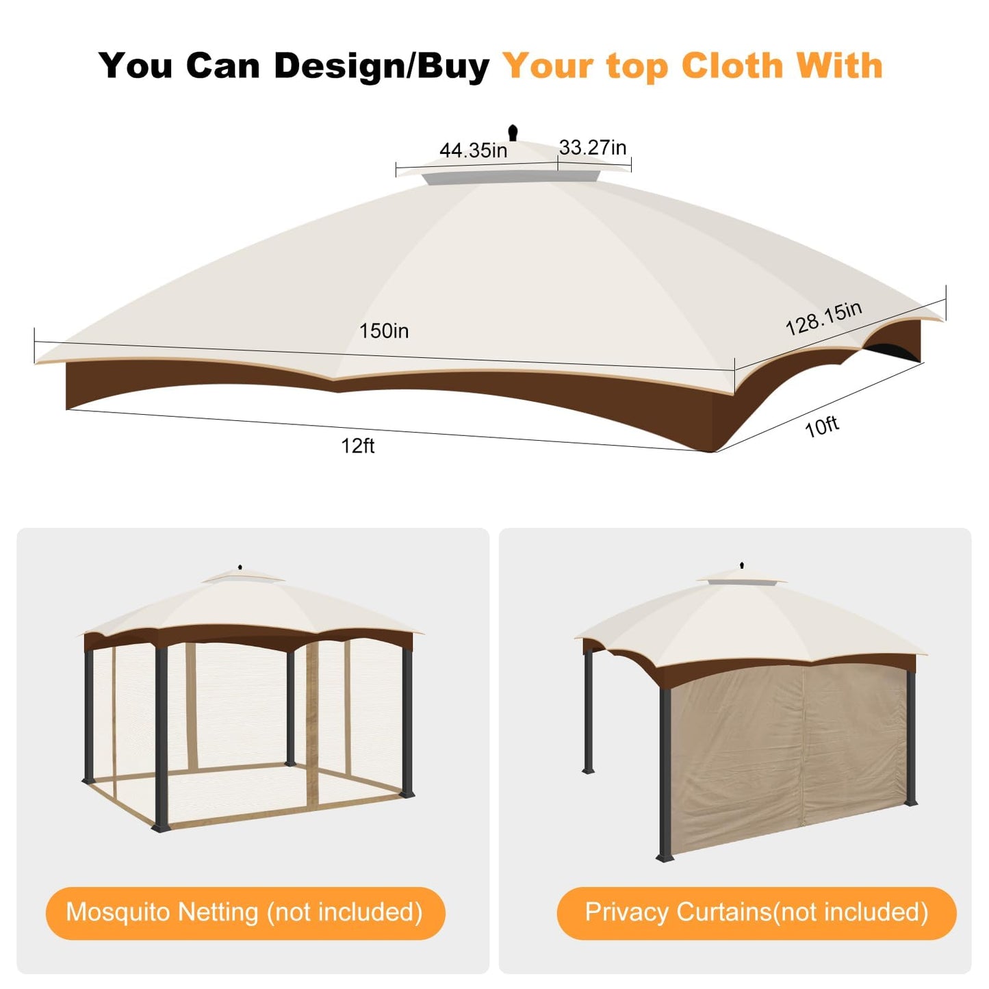 10 x 12 Replacement Gazebo Canopy Top for Lowe's Allen Roth Gazebo Double-Tier Gazebo Roof Cover with Air Vent Heavy Duty Canopy Roof Gazebo Top 10X12 Gazebo Cover for Shop, Garden, Yard (Beige)