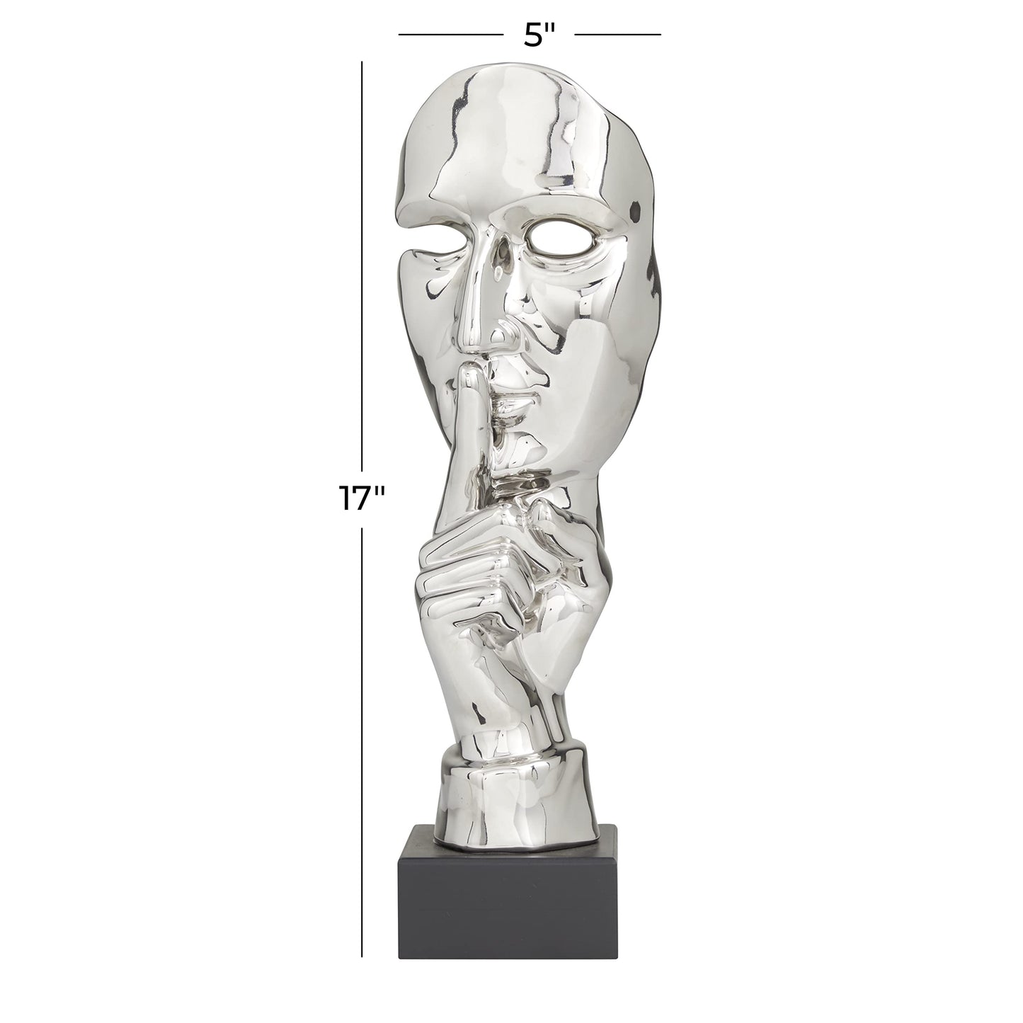 Deco 79 Polystone Mask Decorative Sculpture Quiet Gesture Home Decor Statue, Accent Figurine 5" x 5" x 17", Silver