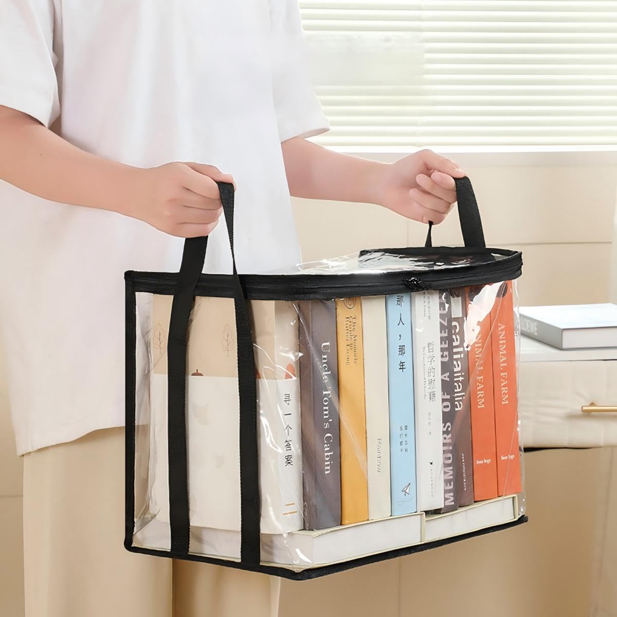 Book Storage Box Clear Dustproof Collapsible Book Organizer Desktop Classroom Home Reusable (Medium)