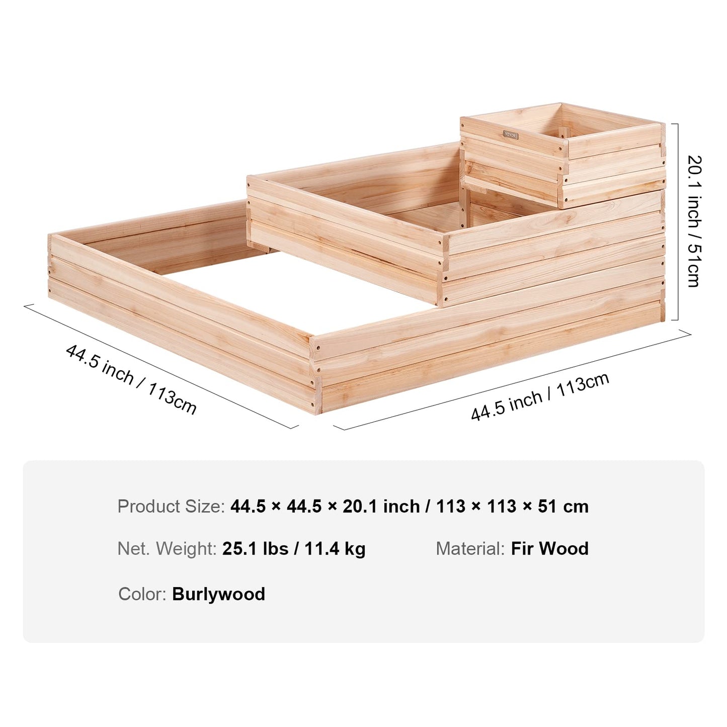 VEVOR 3 Tier Raised Garden Bed Wood Outdoor, 45 x 45 x 20in High End Natural Fir Wood Planter Box, Outdoor Planting Boxes for Flowers/Vegetables/Herbs in Backyard/Garden/Patio/Balcony, with Open Base