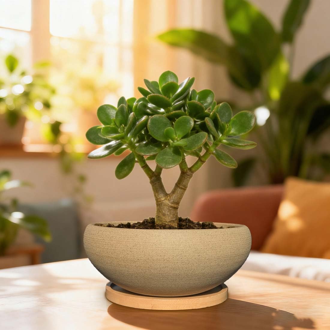 MUZHI 2 Pack Round Unglazed Ceramic Bonsai Pot with Bamboo Tray 8"+6.5", Large Rough Pottery Succulent Planter with Drainage Hole
