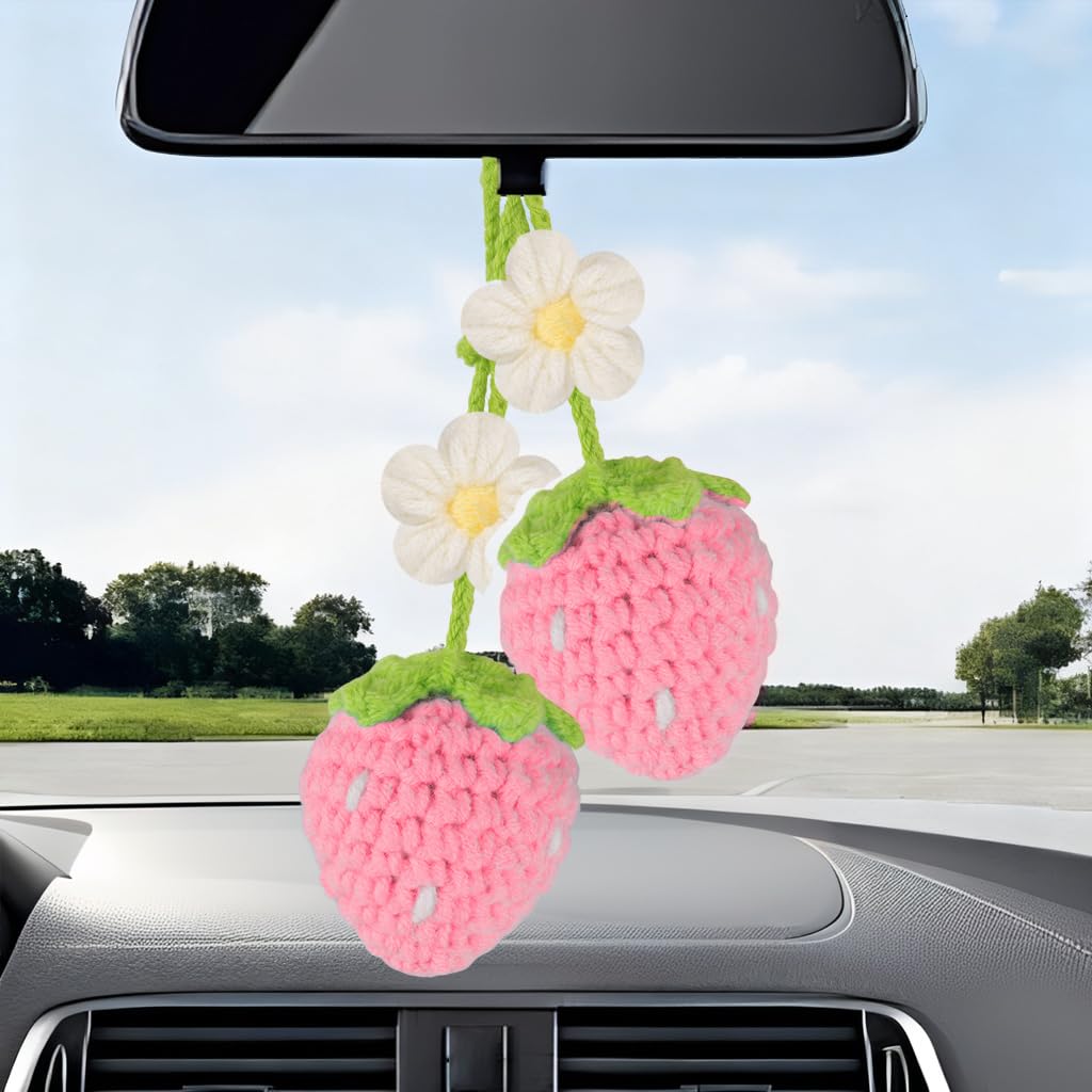 Ytanhr Crochet Strawberry and Flower Car Hanging Ornaments, Aesthetic Rearview Mirror Hanging Accessories, Handmade Car Decor 2-Pack, Pink