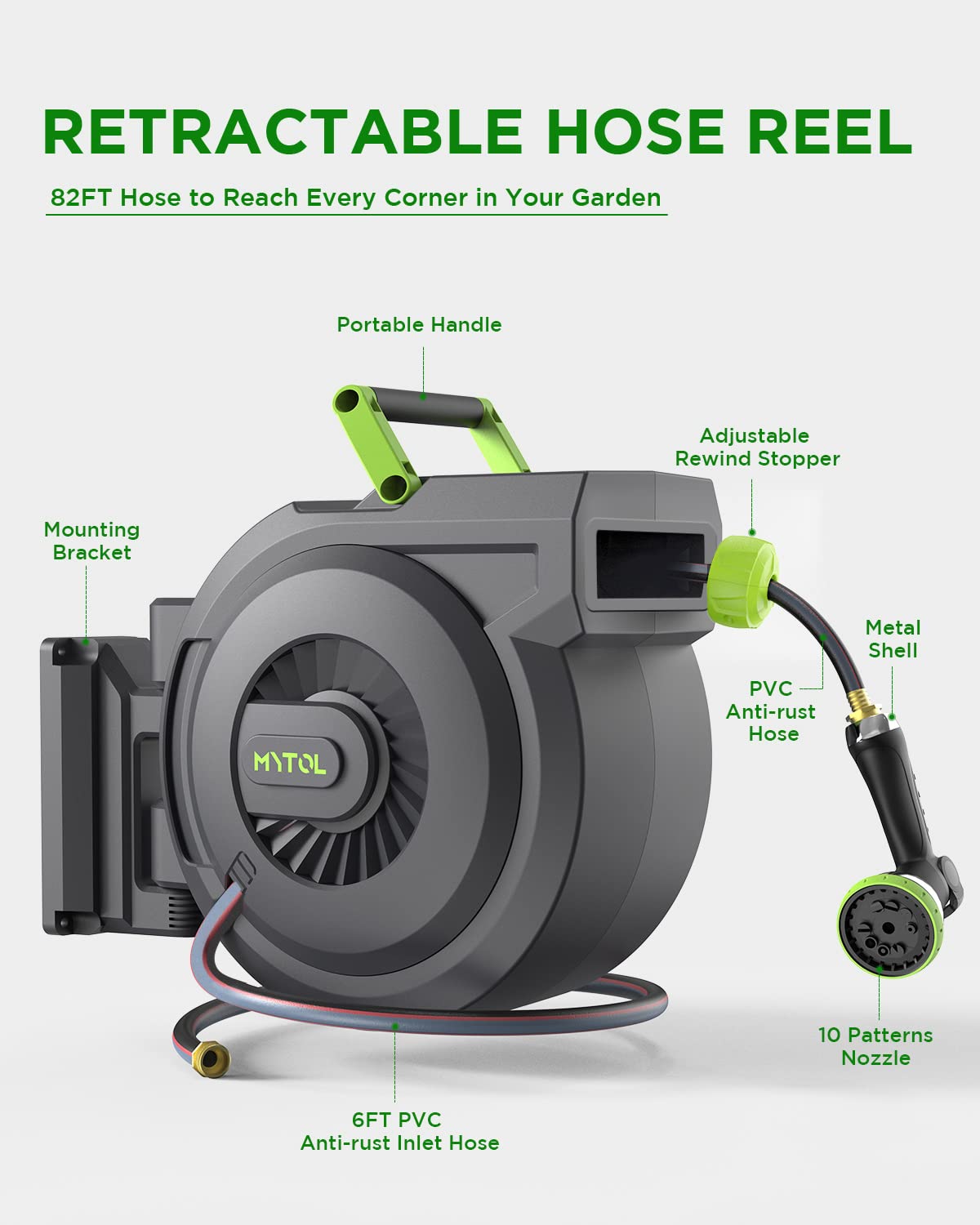 Retractable Garden Hose Reel, 5/8 Inch x 82 ft + 6 ft Wall Mounted Water Hose Reel with Auto Slow Rewind System, 10-Pattern Nozzle, Any Length Lock, 180° Swivel Bracket, Ideal for Easy Watering