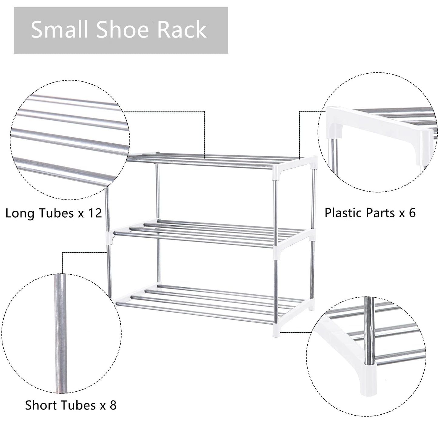 Fouews Small Shoe Rack, Narrow Stackable Shoe Shelf Organizer for Entryway, Doorway and Bedroom Closet (3-Tier, White)