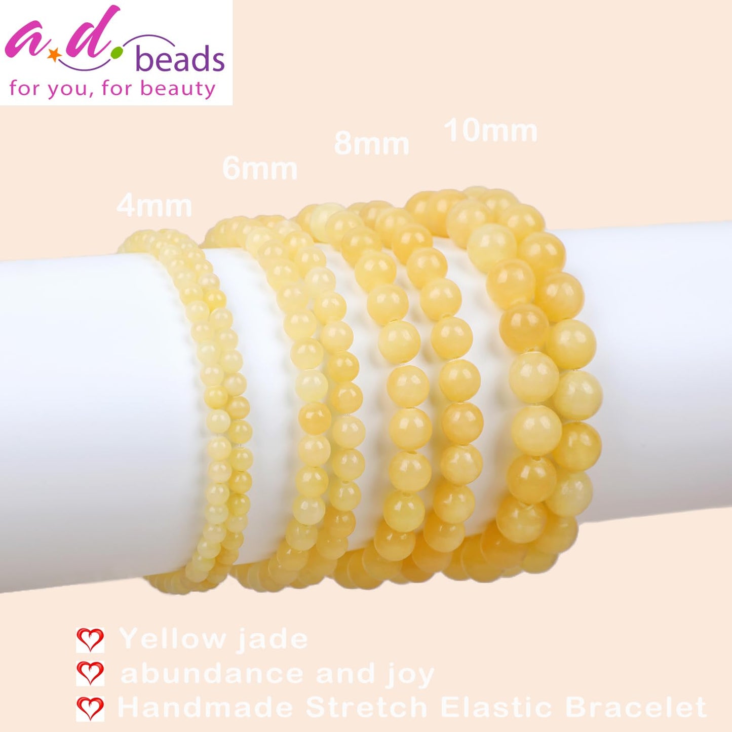 AD Beads Handmade Gemstone Stretch Elastic Bracelet Crystal Healing Reiki Nature's Beauty and Spiritual Essence Unisex (8mm, Yellow Jade (Abundance and Joy))