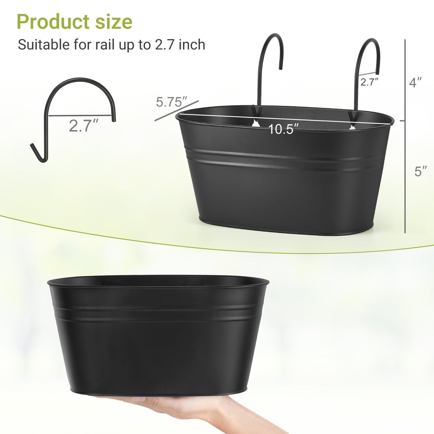 Dahey 3 Pcs Metal Hanging Flower Pots for Railing Fence 10.6 Inch Wall Planters for Indoor Plants Outdoor Countryside Window Flower Holder with Hooks Drainage Holes for Garden Yard Home Decor, Black