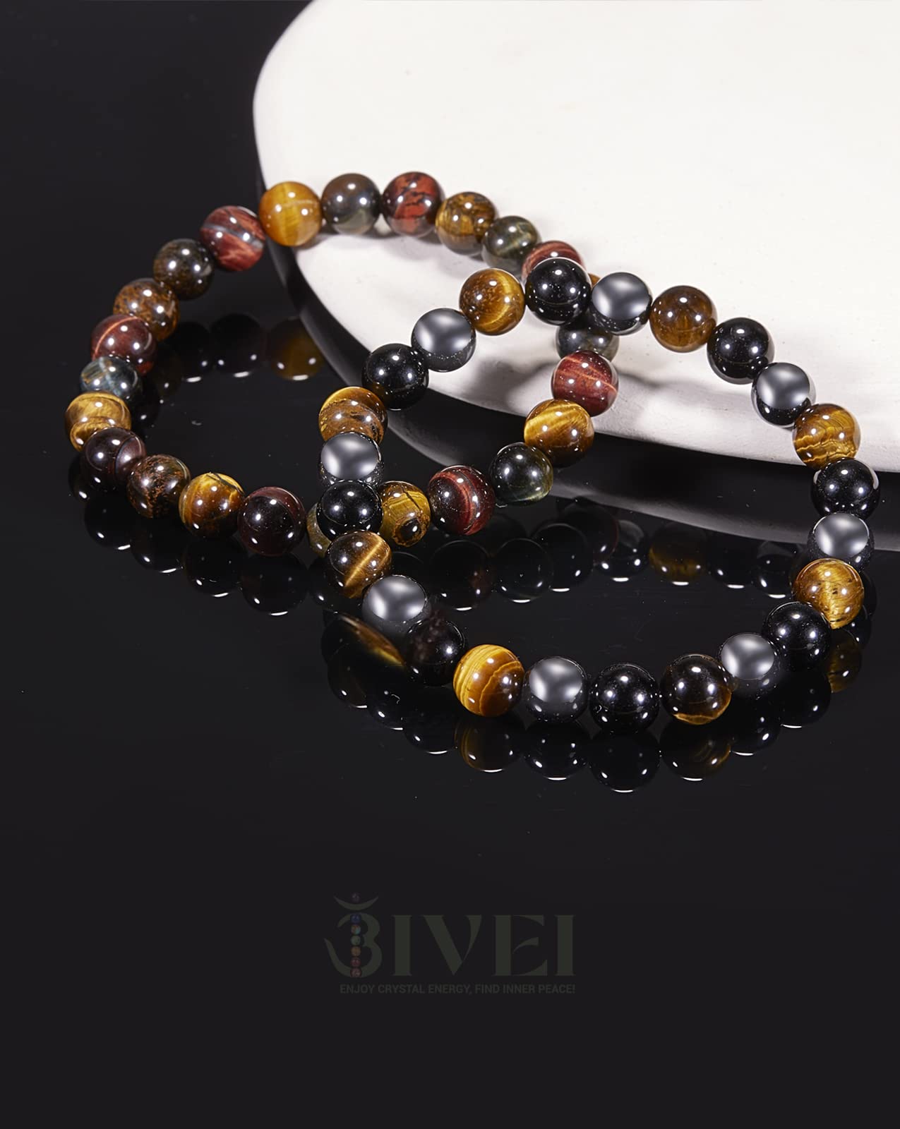 Bivei Natural Gemstone Semi Precious Crystals Handmade Stretchy Round Beads Bracelet, Enhance Positive Energy,Stocking Stuffers for Women(Triple Protection SetSmall)