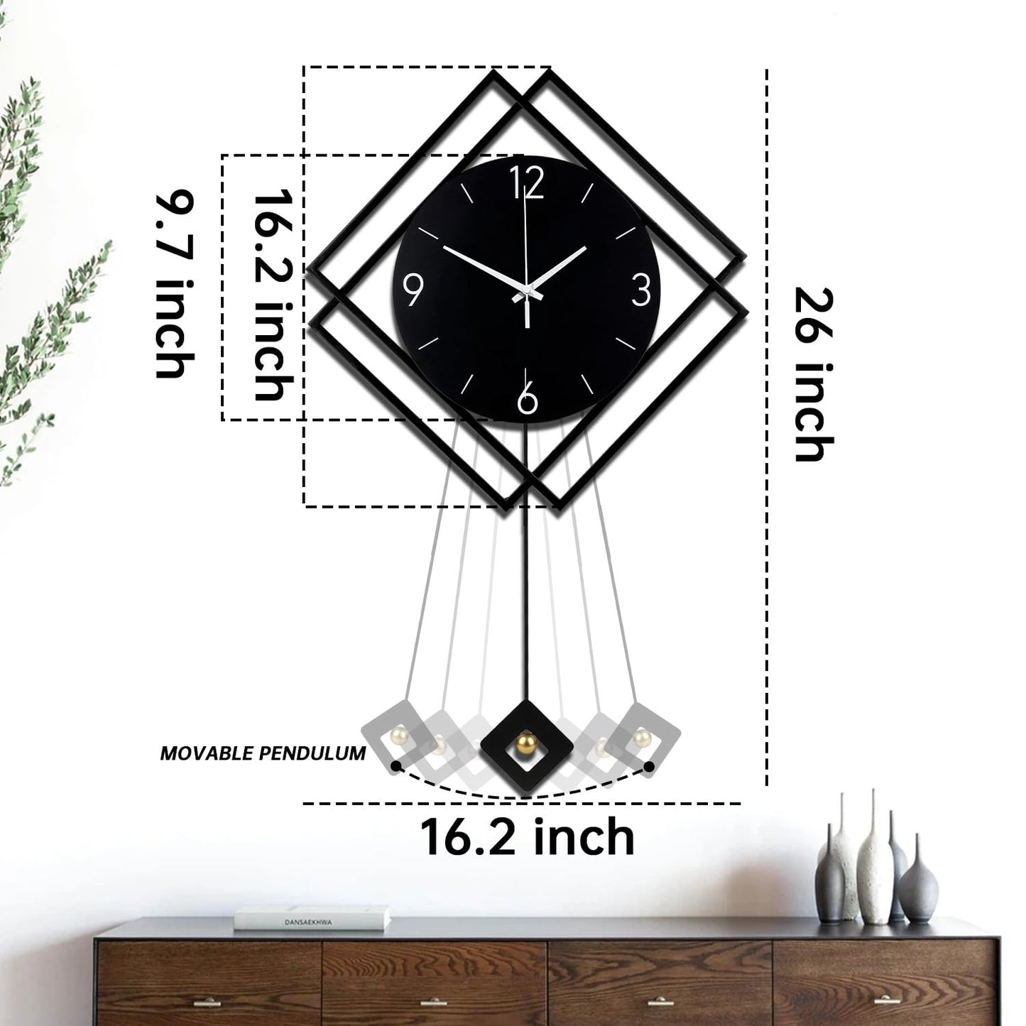 Wall Clock with Pendulum,Silent Quality Quartz Battery Operated,Modern Large Wall Clocks for Living Room Kitchen Home Bathroom Bedroom Wall Decor,16.2x26Inch(Black)