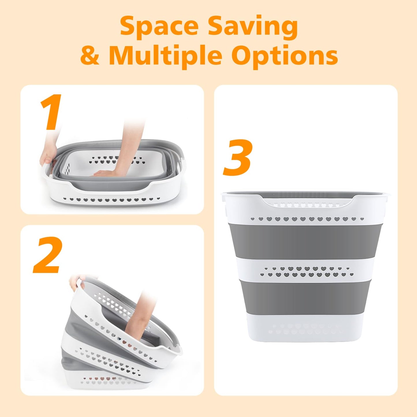 42L Medium Collapsible Plastic Laundry Basket with Handles, Foldable Laundry Basket Hamper, Pop Up Storage Container Organizer for Washing Storage (Gery, 17 Inch * 13 Inch * 15 Inch)
