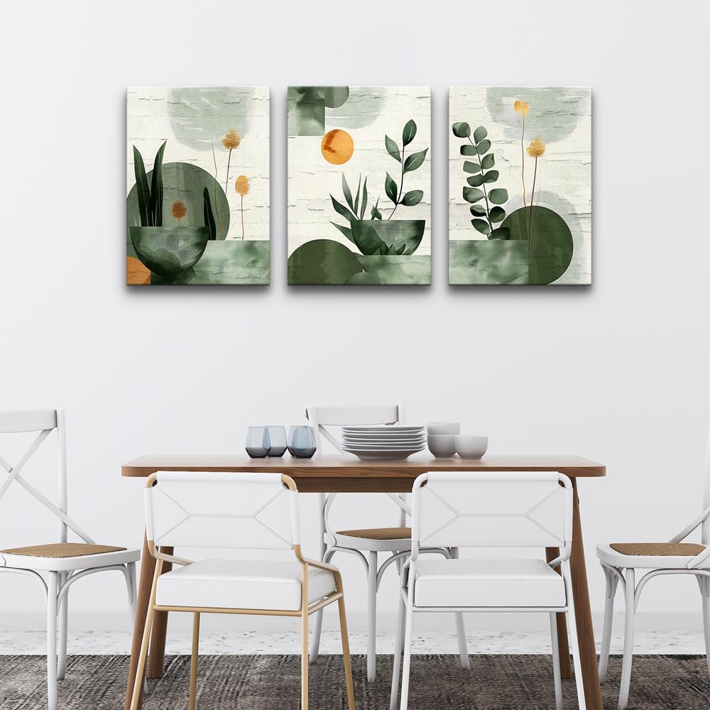 TTHYUEWS Boho Wall Art For Bedroom Canvas Wall Decor For Living Room Office Abstract Decorations Plant Wall Paintings Geometry Pictures Artwork Modern Bathroom Home Decor Ready To Hang 3 Piece