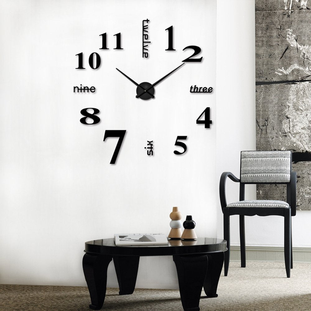 LZYMSZ DIY Wall Clock Modern 3D Wall Clock with Mirror Numbers Stickers for Home Office Decorations Gift(Black)