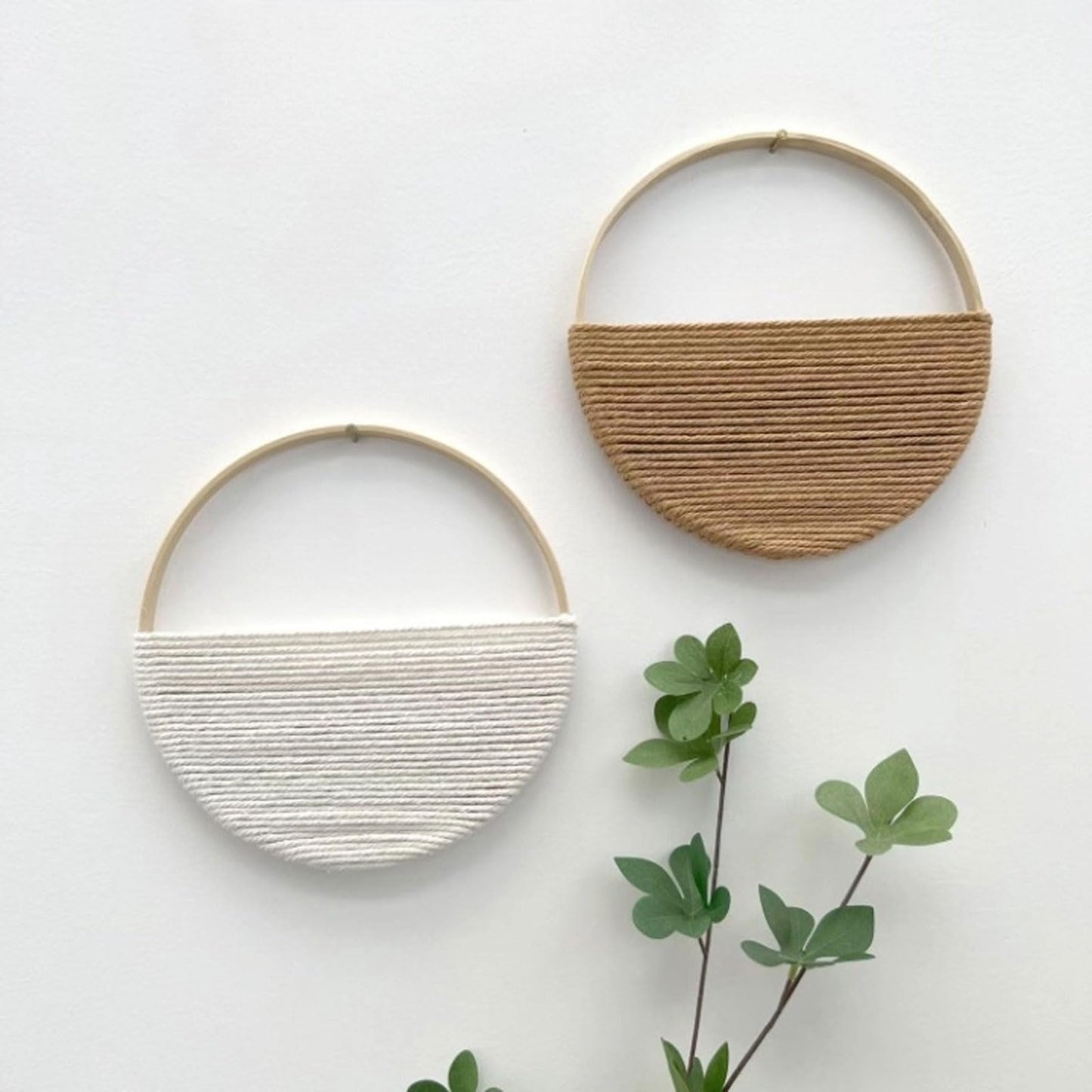 Cilemou 2-Piece 10-inch Round Bamboo Wall Decor with Yarn-Wrapped Half-Circle Design, Rustic Boho Style Wall Hanging for Living Room, Bedroom, Office, and Home Decor