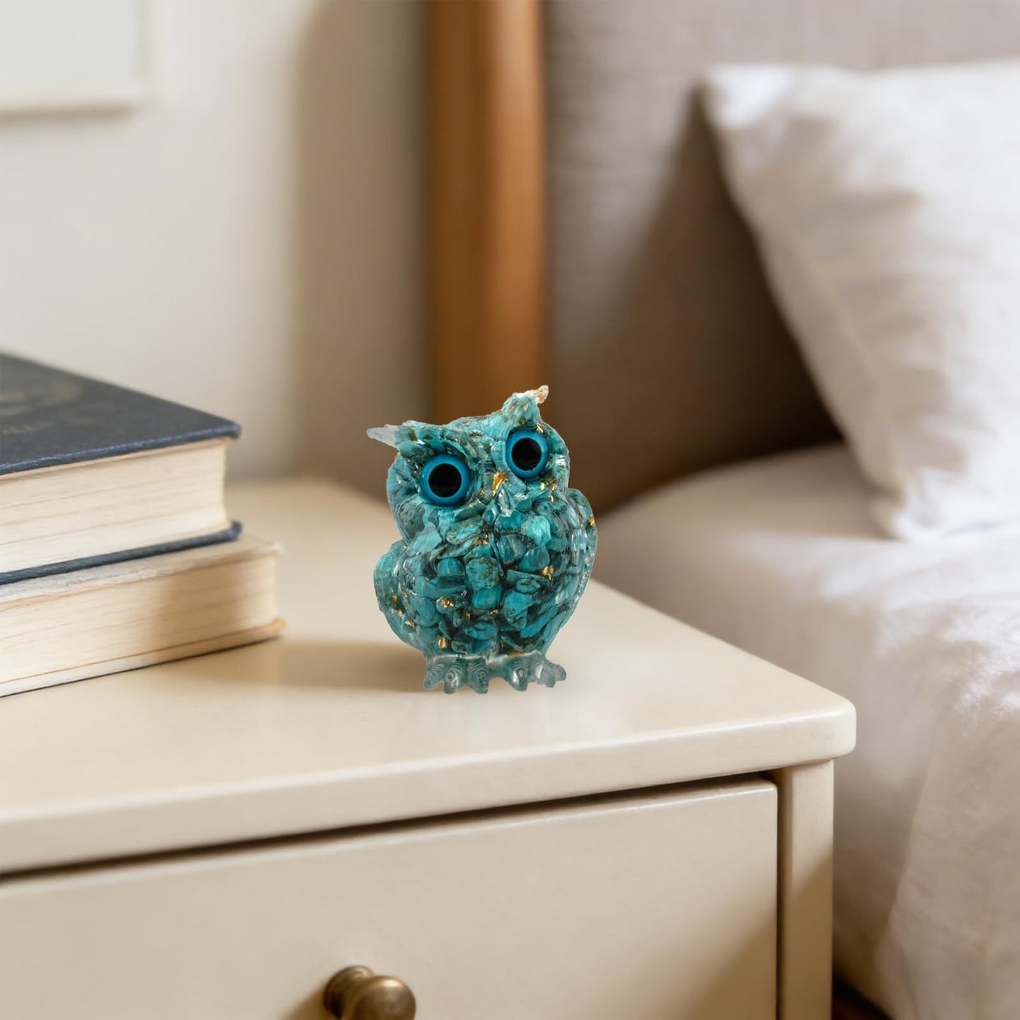 PinpinPony Owl Statue, Natural Gemstones Decor for Home Office, Shelf Display Figurine, Handcrafted Unique Owl Sculpture(Green)