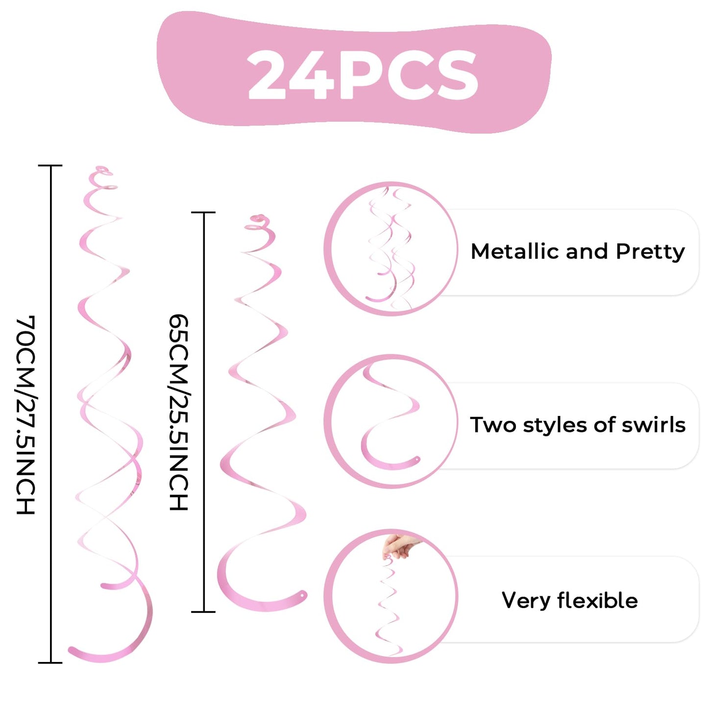 24 PCS Pink Hanging Swirl, Sparkle Ceiling Hanging Decorations, Plastic Streamer Party Decorations with Double-Swirls and Single-Swirls for Birthday Decorations, Easter, Graduation, Baby Shower