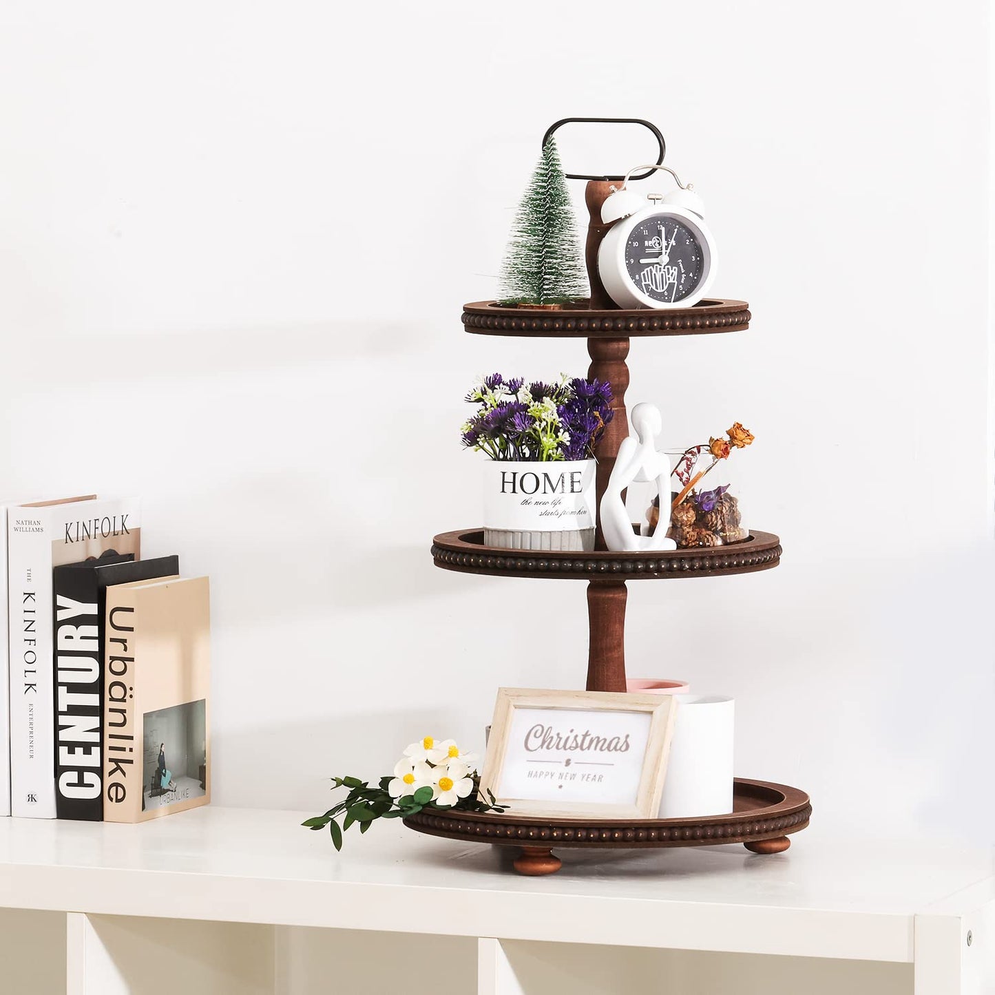 Urban Deco Wooden Tiered Tray 3-Tier Decorative Tray Stand Farmhouse Serving Tray, Round Wooden Cupcake Display Stand with Metal Handle, Brown Tiered Fruits Tray for Home Party Decorations