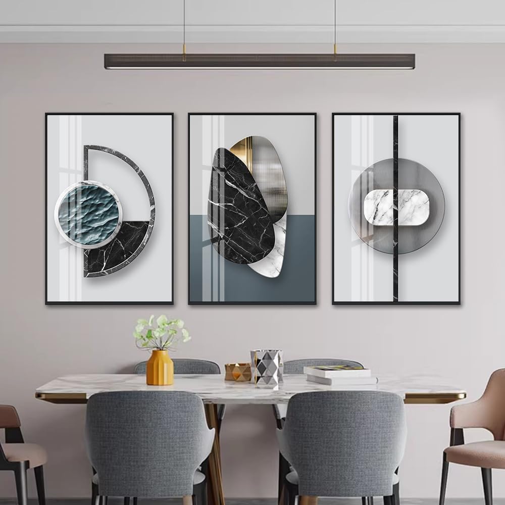 QKF Extra Large Frame Bright Geometry Abstract Canvas Wall Art Modern Home Living Room Bedroom Bathroom Wall Decor Poster & Prints Set of 3 Paintings 24"x 32" (Black Ash, 24" X 32" X 3 pieces)