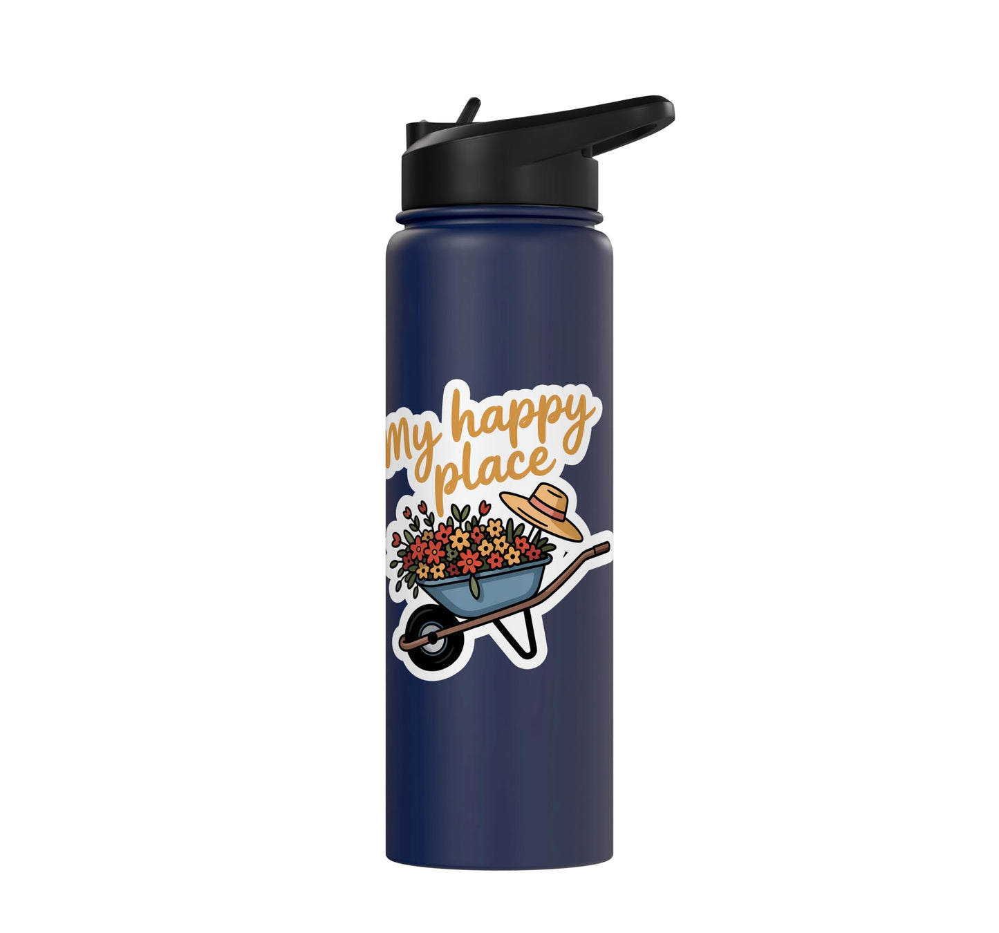 Cheerful Wheelbarrow Flowers Straw Hat Gardening Stainless Steel Insulated Water Bottle