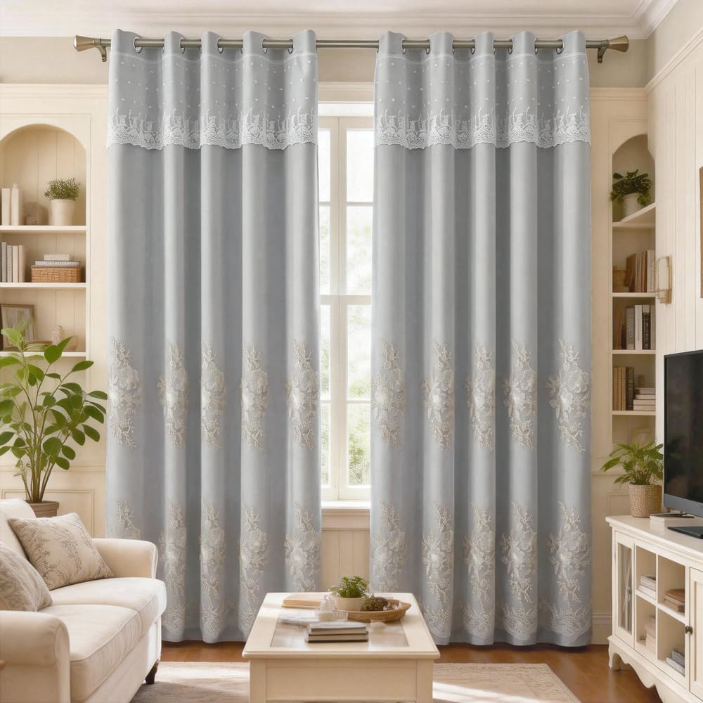 Amidoudou 1 Pair European Double Layer Curtains Luxury Flower Embroidered Curtains for Living Room Bedroom (Grey,52x90 Inch)