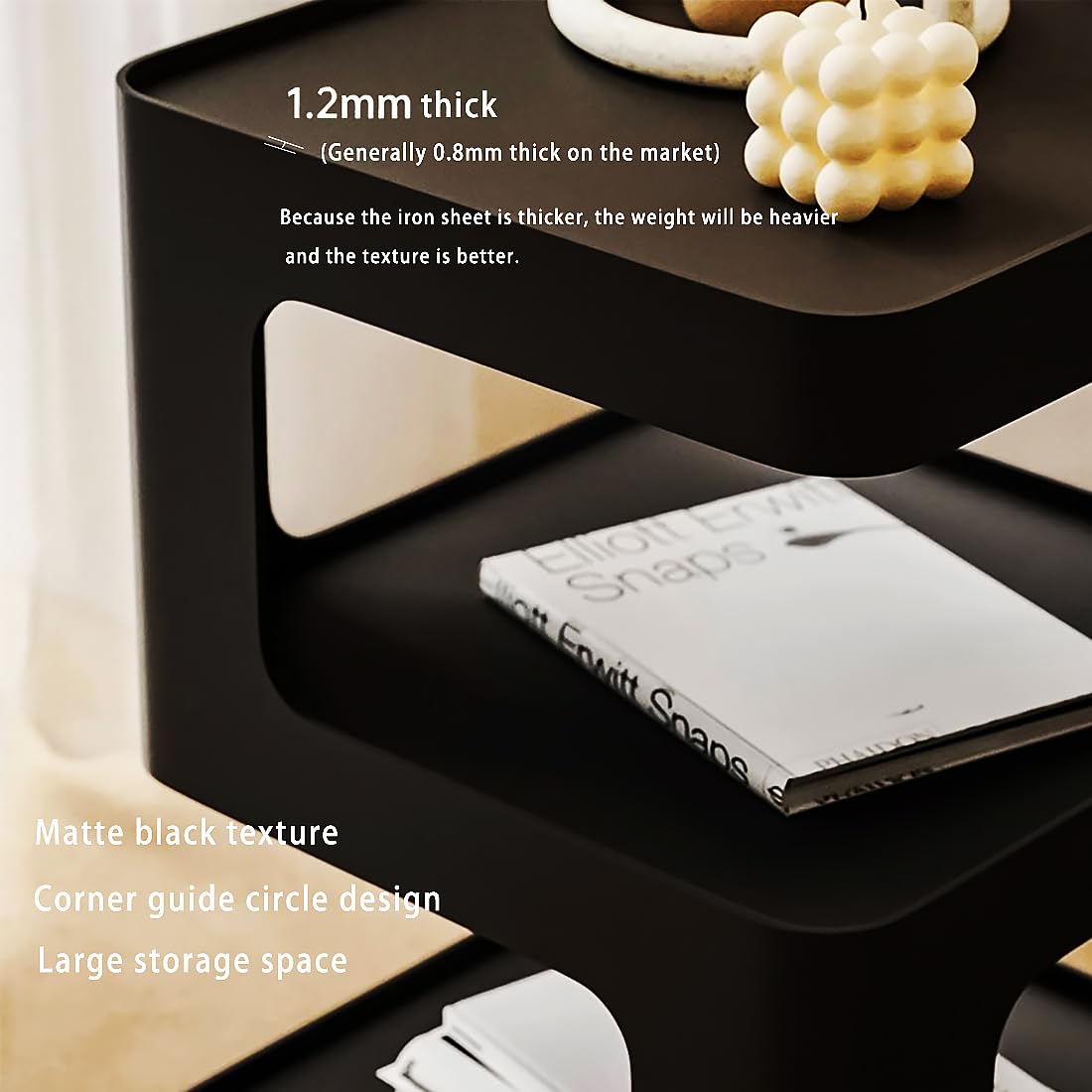 BUZUEY Modern Metal Side Table with Storage,Small End Table for Sofa & Couch,3-Tier Compact Nightstand for Small Spaces,Black Bedside Tables for Living Room & Bedroom,No Assembly Required