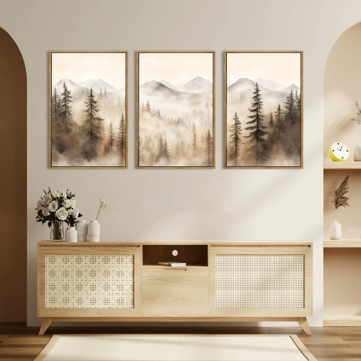 IARTTOP Large Mountain Forest Framed Canvas Wall Art 16x24 Inch Set of 3 Abstract Misty Woodland Painting Modern Farmhouse Art Prints for Living room Dining room