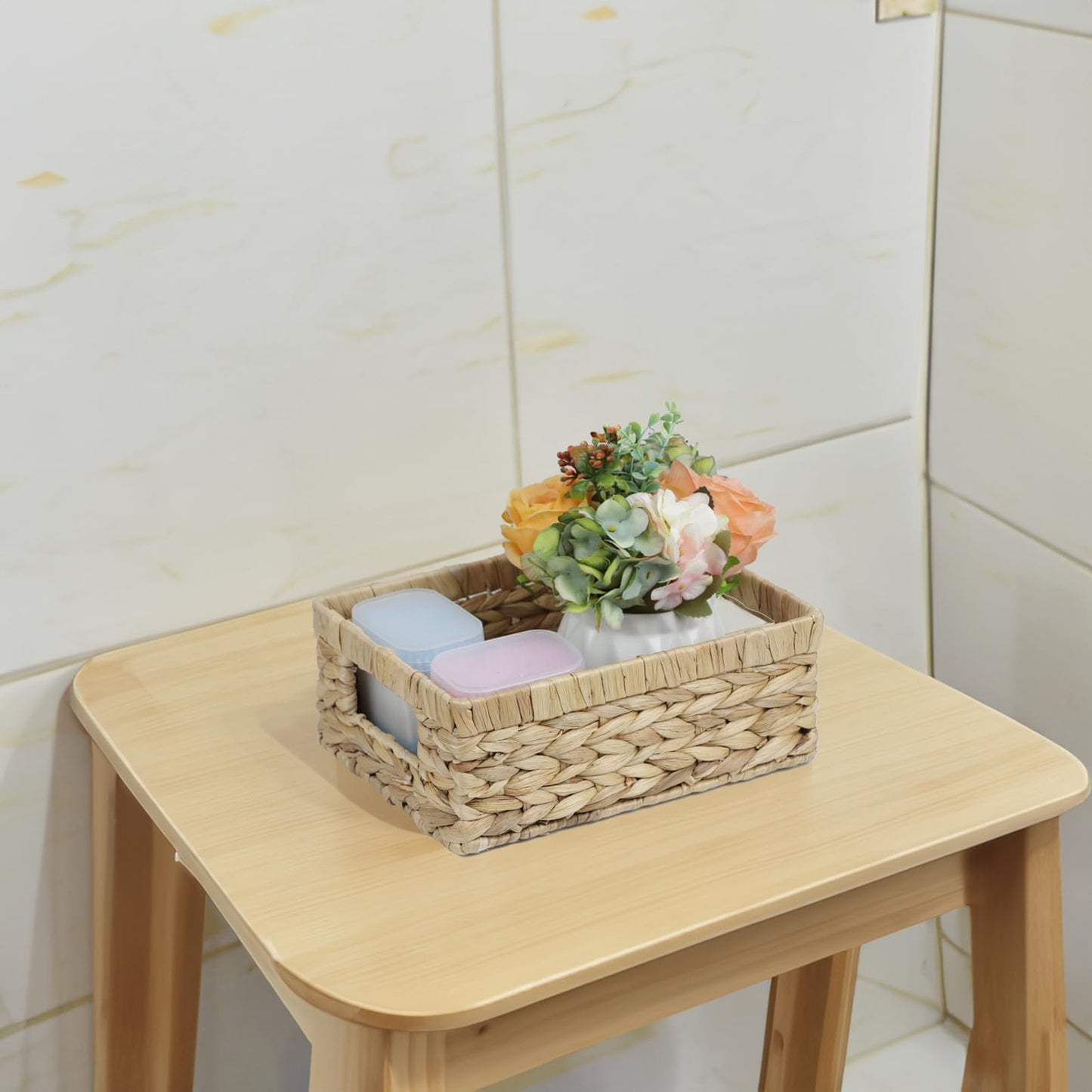 Wicker Baskets, Baskets for Organizing, Rattan Woven Basket for Storage, Organizer Bins with Built-in Handles, Storage Basket for Shelves (Water Hyacinth, Small)