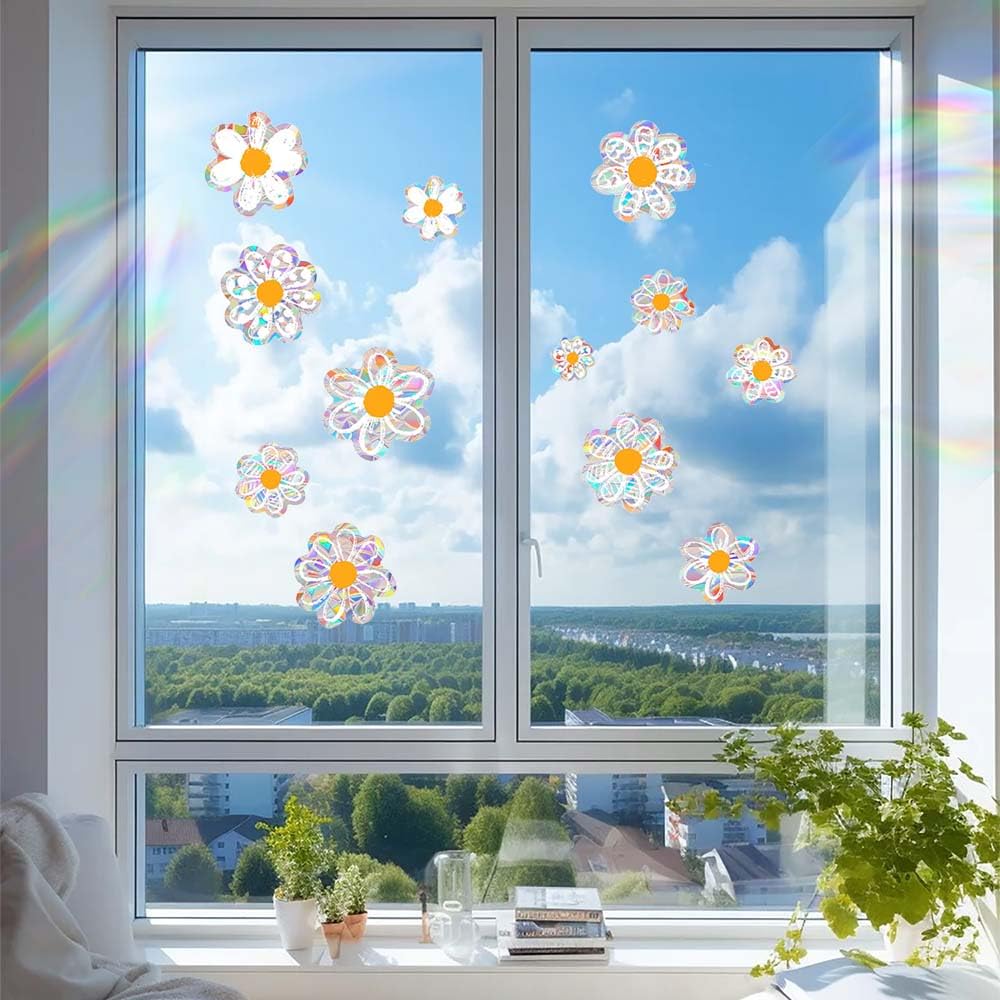 12pcs Spring Summer Daisy Window Stickers, Double-Side Glass Decals Shiny Rainbow Prism Anti Collision Window Clings for Mirror Glass Display Shop Office School Supplies Reusable