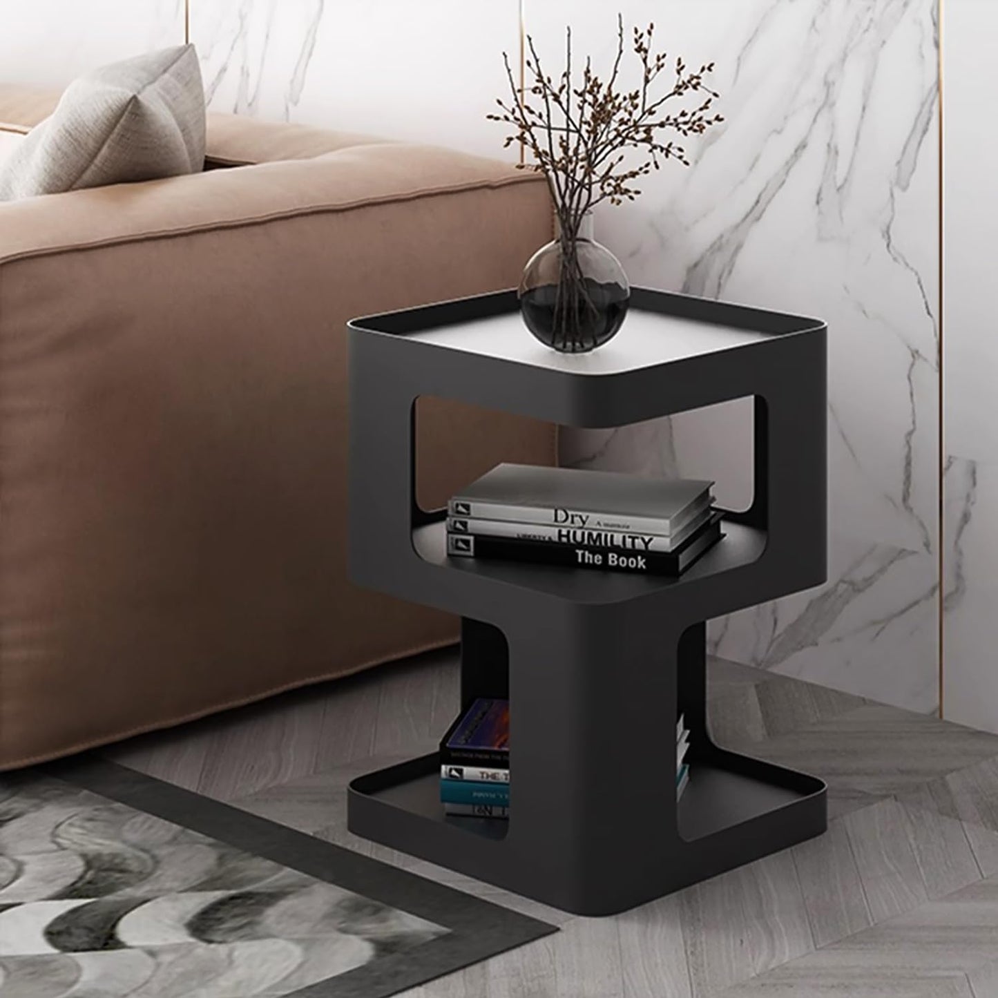 BUZUEY Modern Metal Side Table with Storage,Small End Table for Sofa & Couch,3-Tier Compact Nightstand for Small Spaces,Black Bedside Tables for Living Room & Bedroom,No Assembly Required
