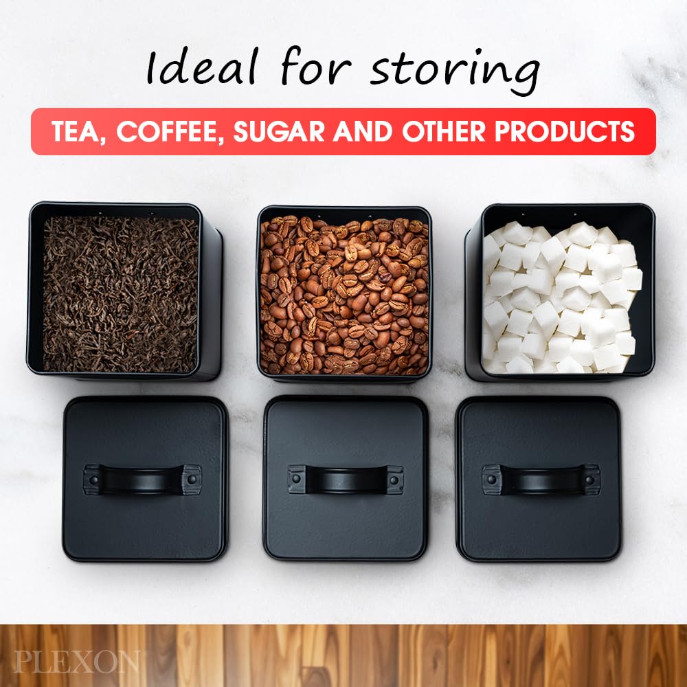 Plexon Canisters Sets for the Kitchen, Kitchen Canisters for Countertop Set of 3, Canister Sets with Lids and Copper Labels, Black