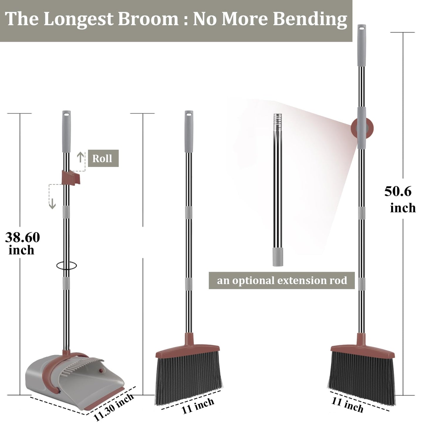 Ivandar Broom with Dustpan Combo Set, 50.6 inch Long Handle, Upright Standing Broom and Dustpan Set Quiet Cleaning Tool Sweep the Floor Dust pan Removes 4 Times More Pet Hair(Brown and Gray)