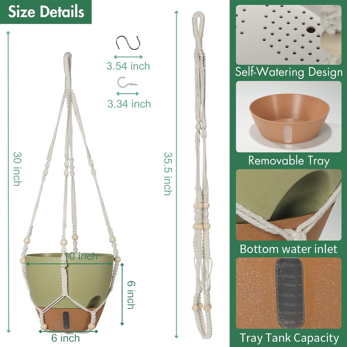 YUNLINGAA Self-Watering Hanging Planters for Indoor Plants Set 2-Piece Includes Plant Hanging Pot, Drainage-Hole Hanging Pot, and Hanging Basket Rack (10 Inches, Green)
