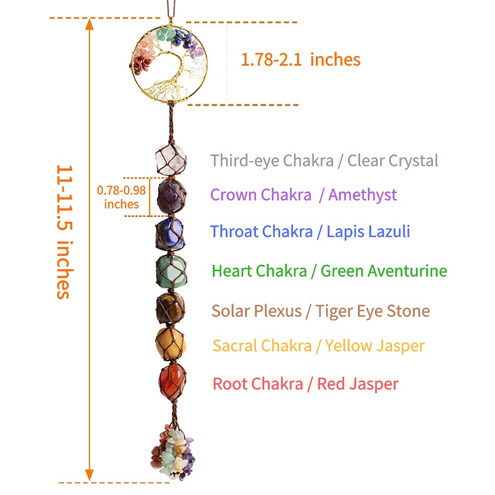 Handmade Tree of Life Ornament 7 Chakra Healing Crystals Hanging Ornament for Car Wall Window Home Decor Christmas Tree (Brown Thread)