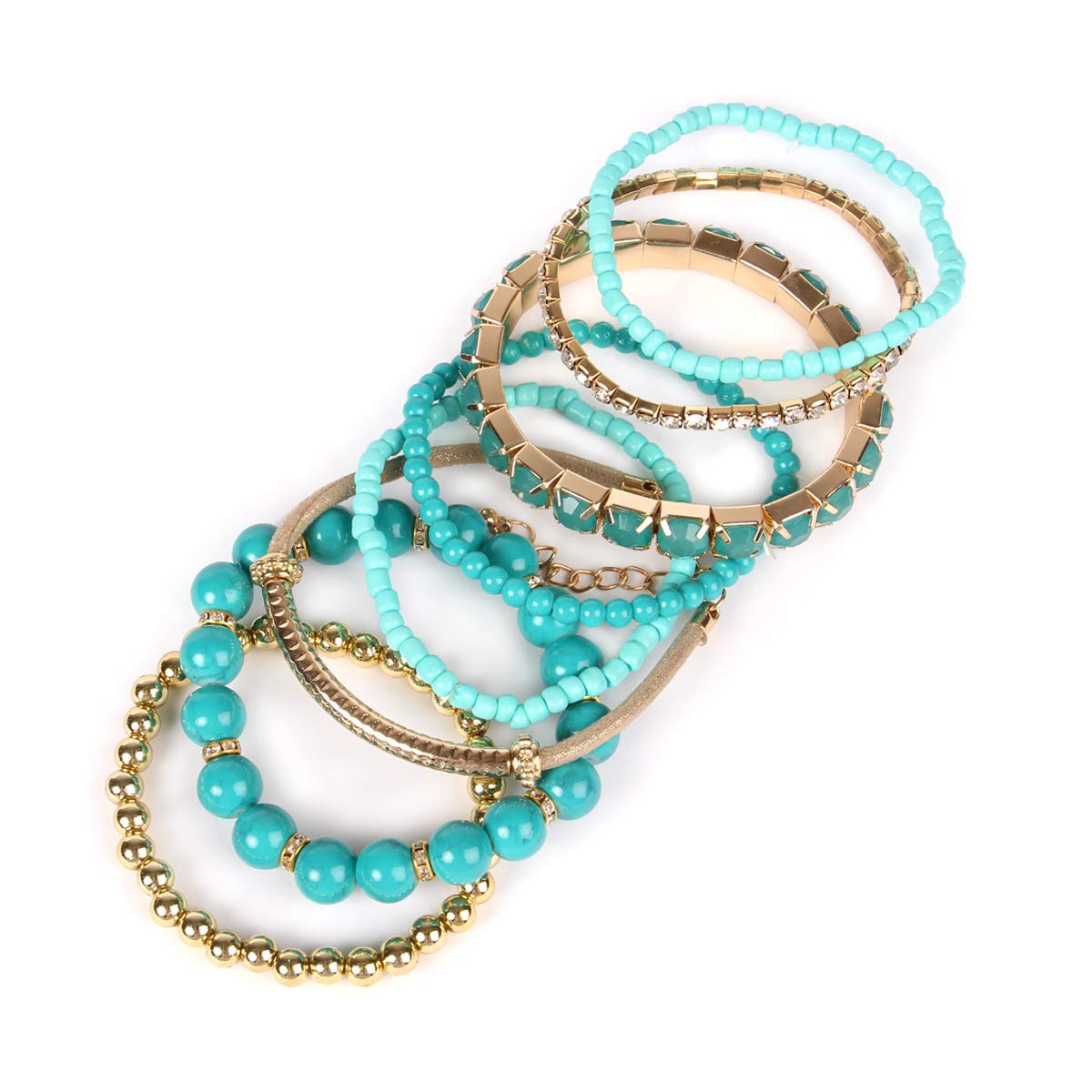 RIAH FASHION Multi Color Stretch Beaded Stackable Bracelets - Layering Bead Strand Statement Wrap Bangles (Original - Turquoise, 7.0 Inches)