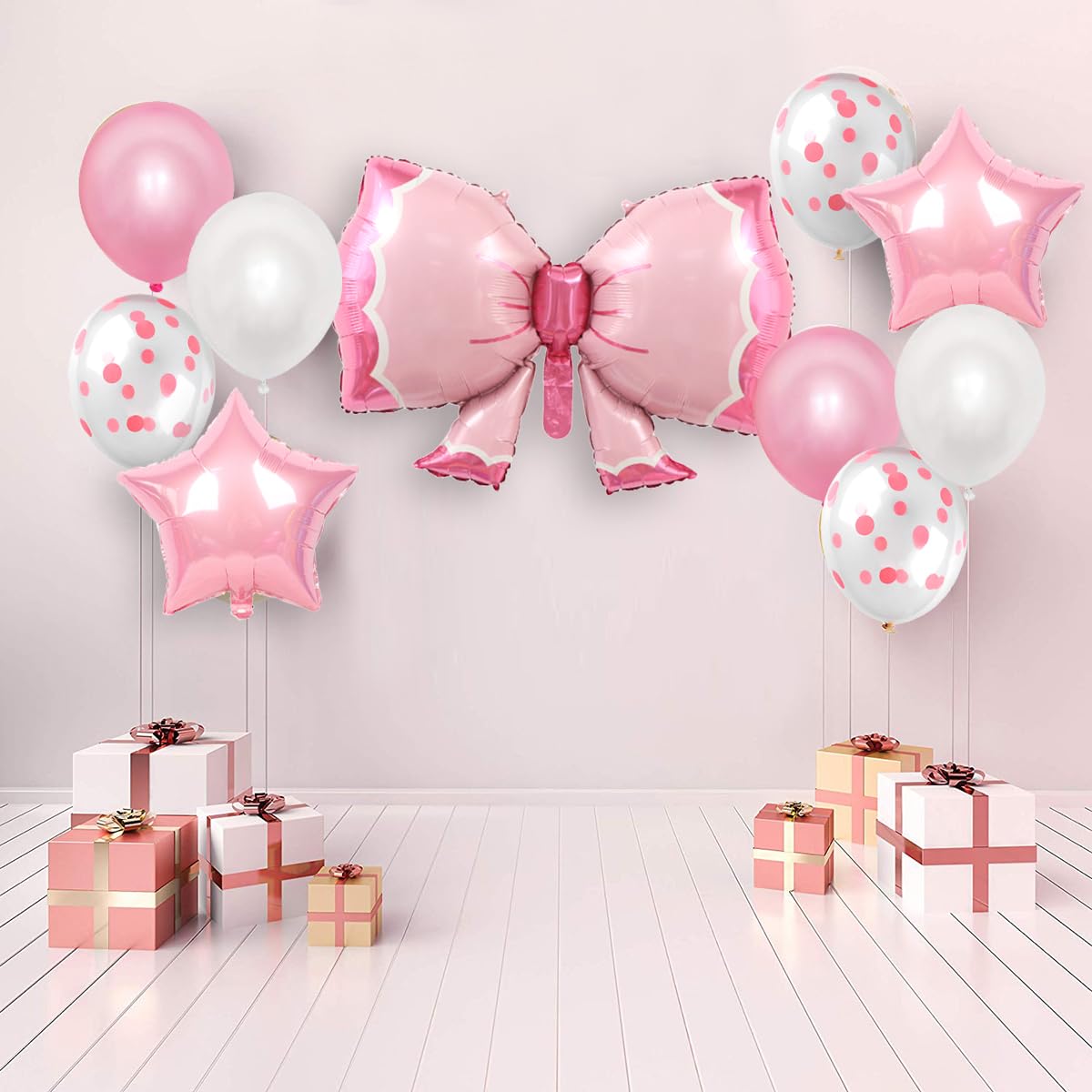 Phoaxul Cute Pink Bow Birthday Decorations for Girls, Glitter Happy Birthday Banner, Bow Balloons, Pink Party Decorations for Women, Baby Girl Shower, Princess Bday Party Supplies