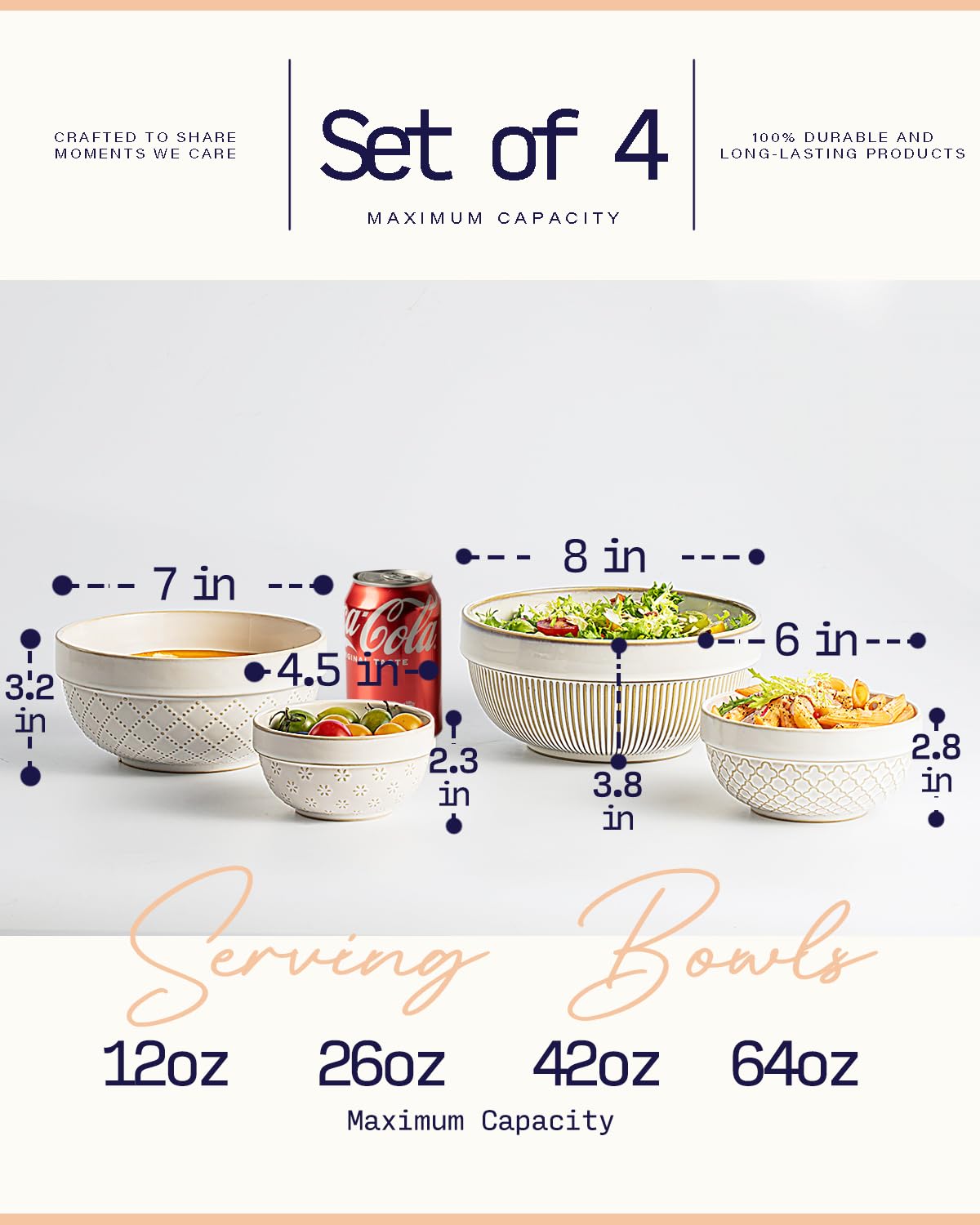 getstar Large Serving Bowls Set of 4, 12/26/42/64 oz Ceramic Stoneware Nesting Bowls Set, Microwave and Dishwasher Safe, Farmhouse Kitchen Versatile Prep Bowls for Fruit Salad Pasta Dessert Cereal