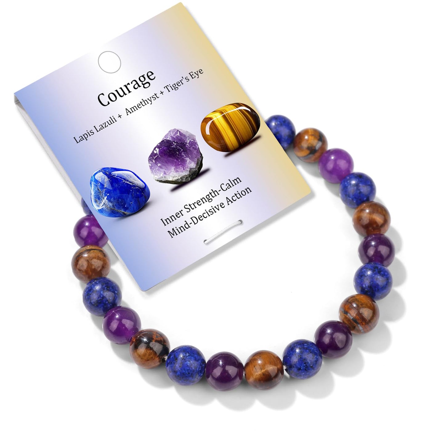 Bolinailo Healing Crystal Courage Bracelet 8mm Crystal Beaded Bracelet for Women Men Natural Stones of Lapis Lazuli, Amethyst and Tiger Eye Handmade Gemstone Reiki Spiritual Jewelry Gifts
