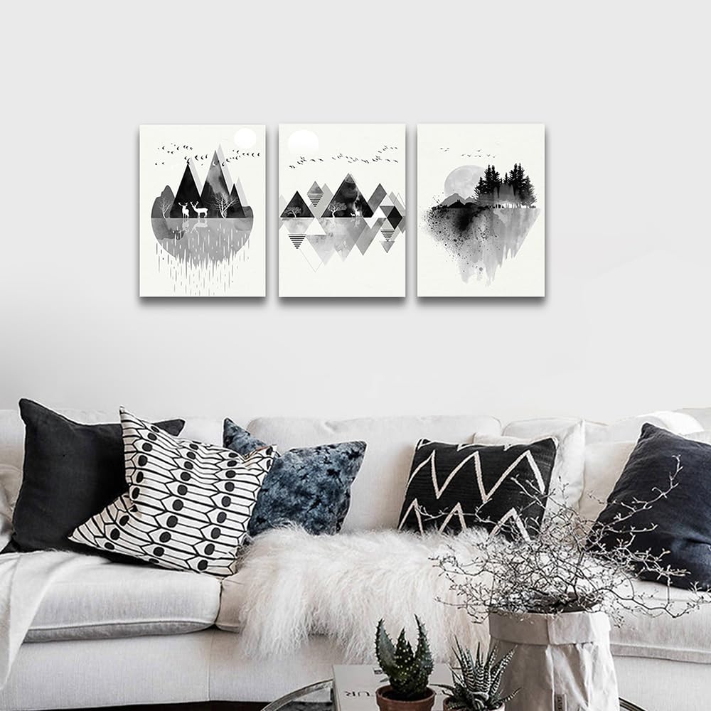 DZRWUBHS Large Abstract Wall Art - 3 Pieces, Black And White Mountain Geometric Wall Painting For Living Room, Office, Bedroom Decor