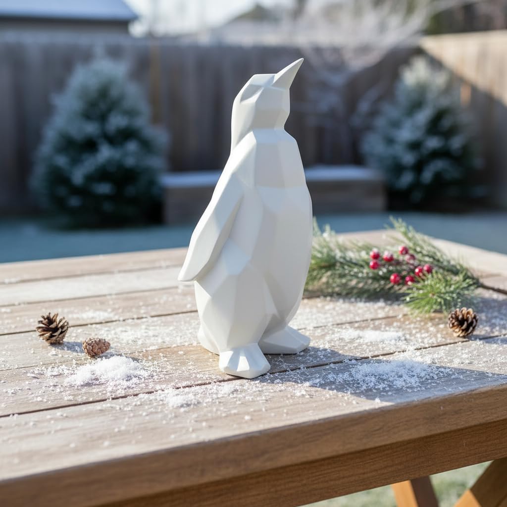 Comfy Hour 7" Modern Penguin Figurine, Scandinavian Animal Decor, Minimalist Geometric Statue for Home Office, White Polyresin Artisan Crafted Sculpture, 1 Unit