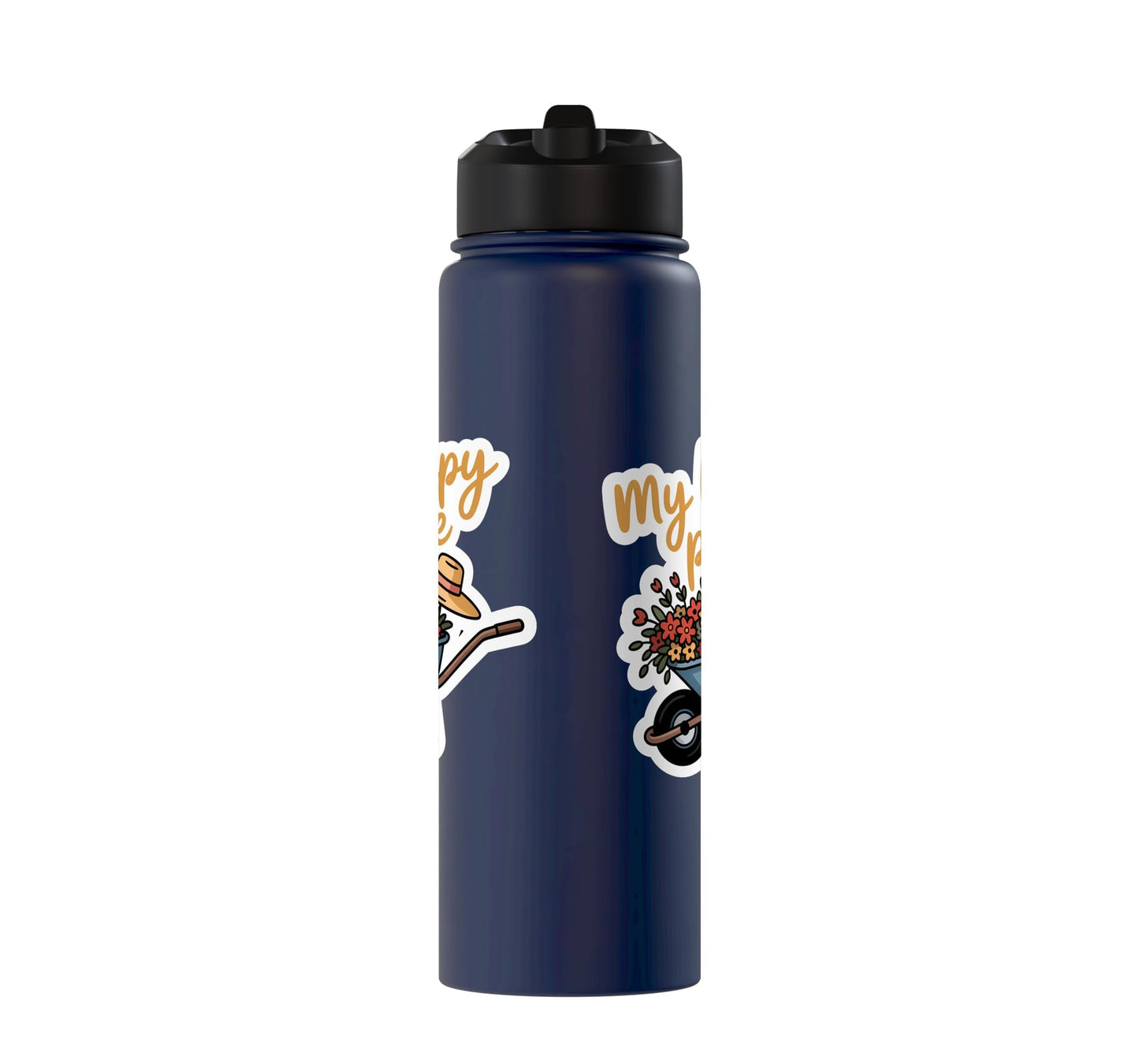 Cheerful Wheelbarrow Flowers Straw Hat Gardening Stainless Steel Insulated Water Bottle