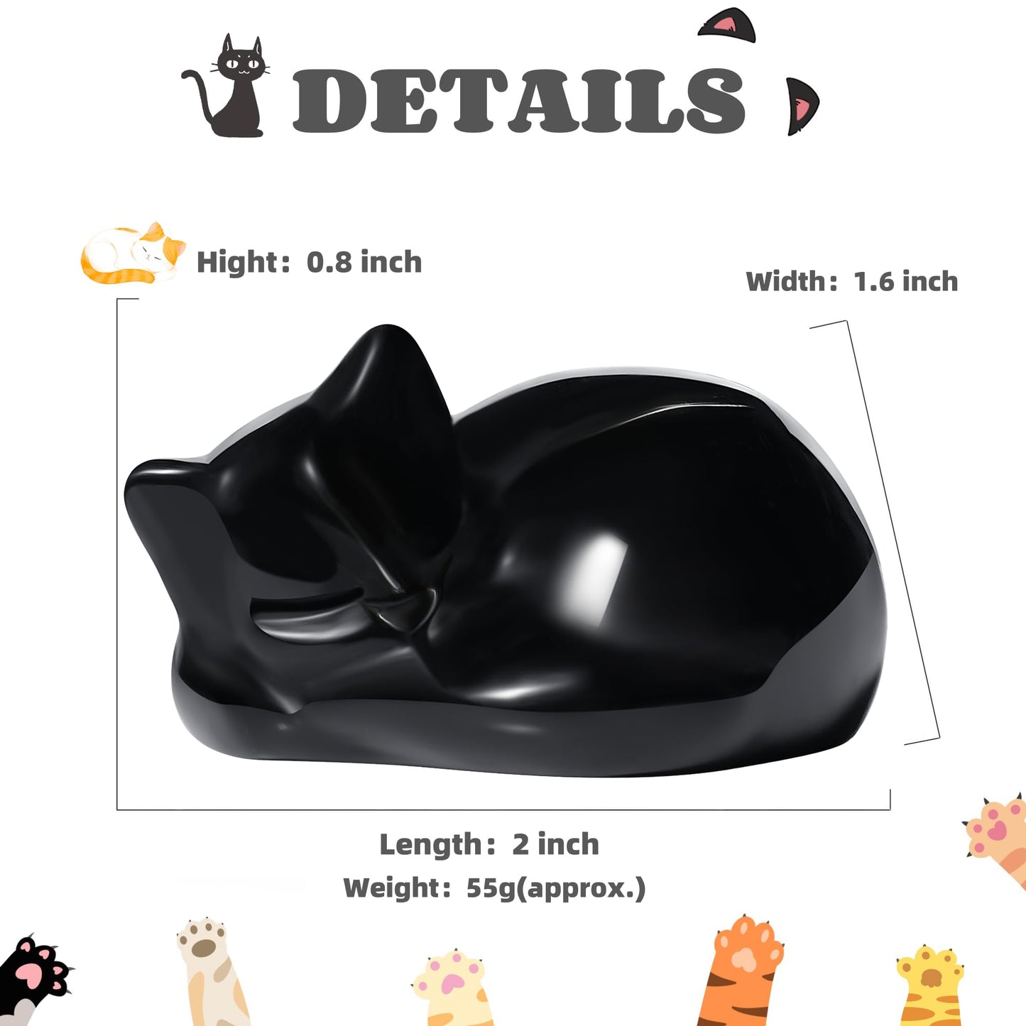 YATOJUZI 2" Black Cat Ornament Decor Obsidian Sleeping Cats Accessories Polished Gemstones Hand-Carved Cute Animal Statues Figurine Home Office Desk Decor Lucky Reiki Black Cat Gifts for Women