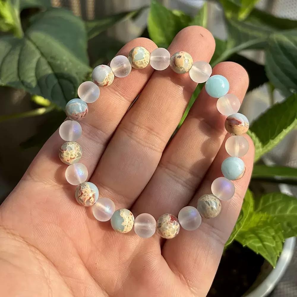 TUQBA Healing Crystal for Women and Men Amazonite White Agate Stress Relief Natural Stone Stretch Beaded Bracelet Christmas Gift for Baptism, Birthday, Mothers days gift